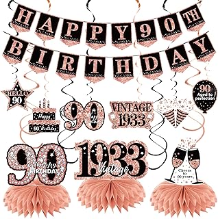 Rose Gold 90th Birthday Banner Decorations for Women, 10Pcs Happy 90th Birthday Banner Vintage 1933 Honeycomb Centerpieces Swirls Kit, Ninety Bday Banner Ceiling Table Topper Party Supplies Indoor Outdoor