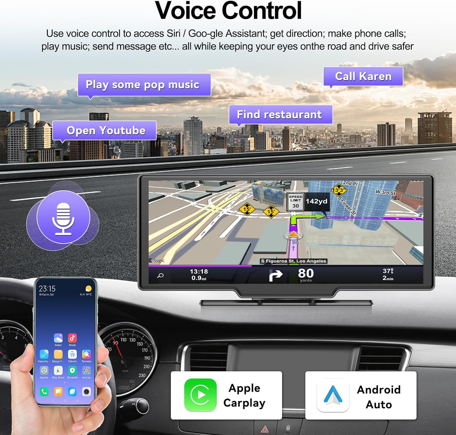 Car stereo screen showing navigation and voice command bubbles for Siri and Google Assistant