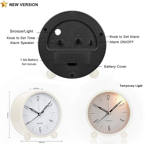 Miniatura 7 de Outwit Reloj despertador analógico, reloj pequeño súper silencioso de 4 pulgadas sin tictac con luz nocturna, funciona con pilas, diseño simple,