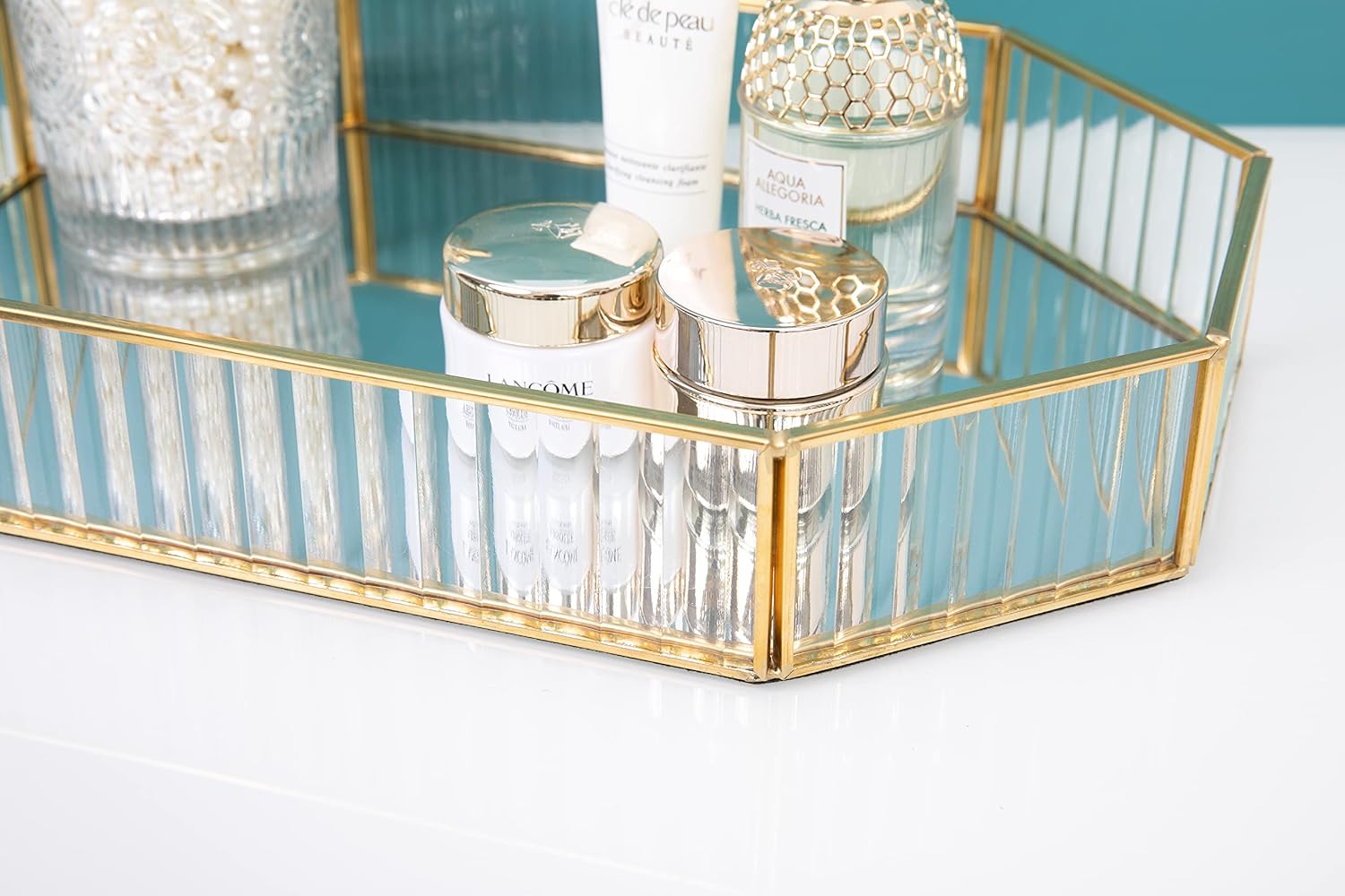 SLHEQING Mirror Tray Gold Vintage Perfume Tray Makeup Jewelry Organizer, Glass Vanity Tray Metal Polygon Tray - Image 5