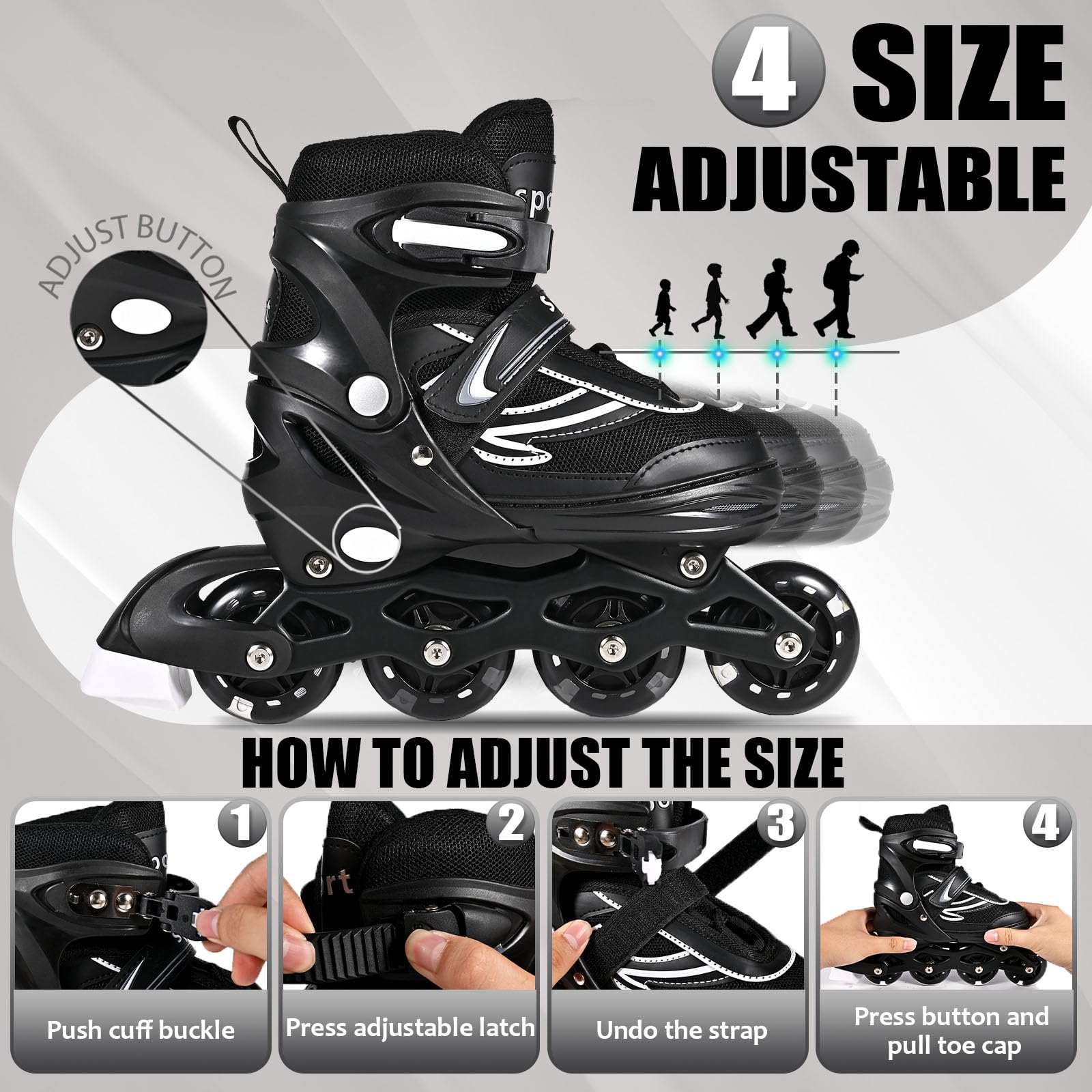 Einstellbare Kinder Inline Skates für Jungen Mädchen, Schwarz Weiß 4-Rollen Inline Skates für Jugendliche & Erwachsene mit leuchtenden Rädern für drinnen draußen Sport Freizeit