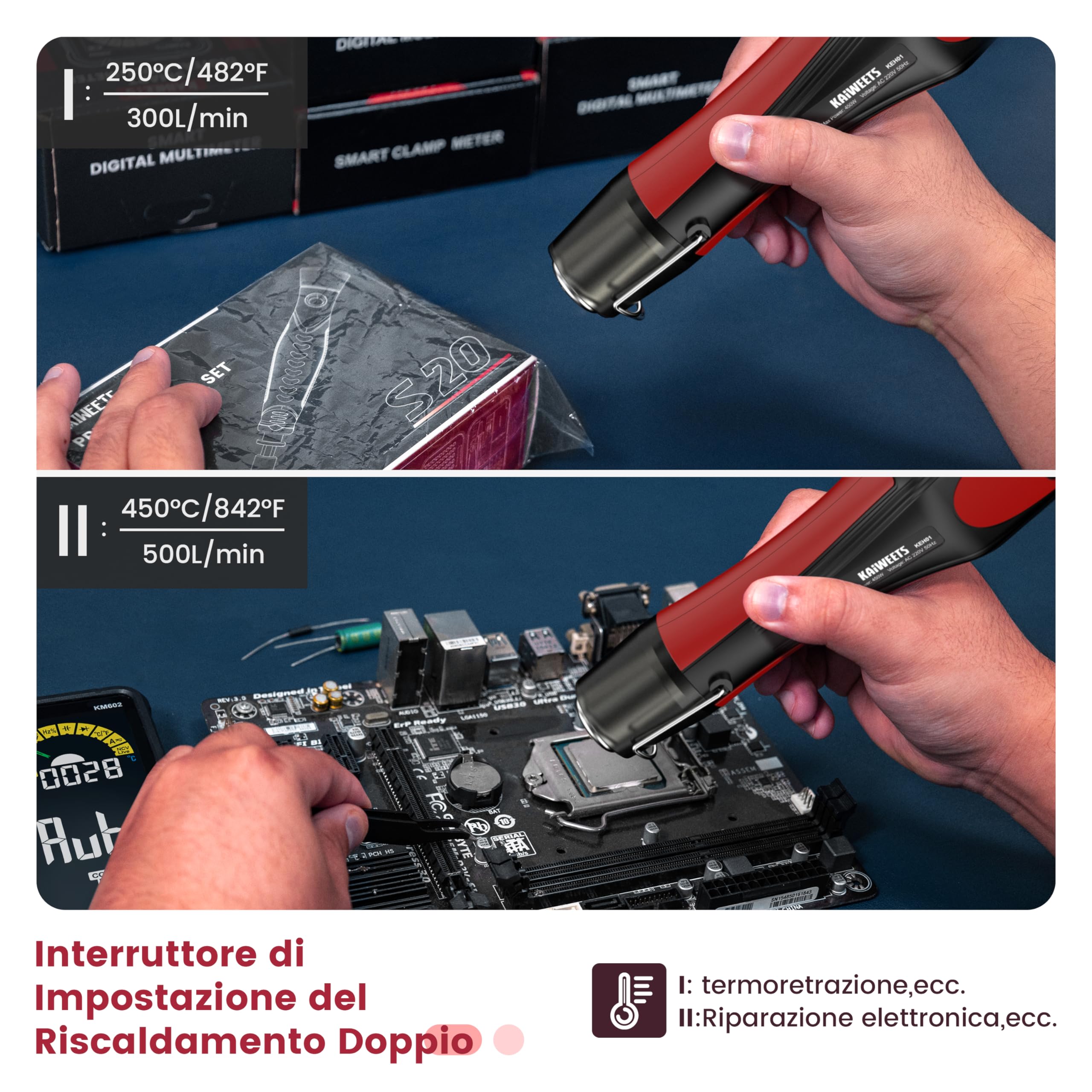 KAIWEETS 450°C Pistola Termica, Con Ugello In Acciaio Inox, 450W Pistola Aria Calda, Con 2 Temperatura, Protezione da Sovraccarico, Per DIY, Film Termoretraibile, Guaina Termorestringente (rosso)