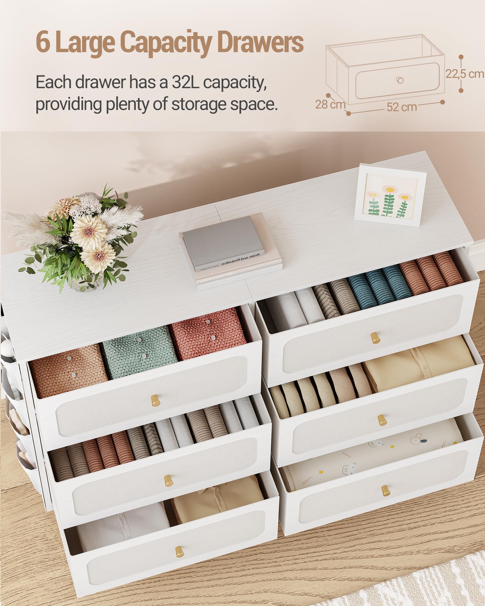 Hzuaneri Commode 110cm, Armoire avec 6 Tiroirs en Tissu, Meuble de Rangement, Cadre en Métal, 30 x 110 x 85 cm, pour Le Salon et la Chambre, Style Moderne, Blanc-Or DU25813AW