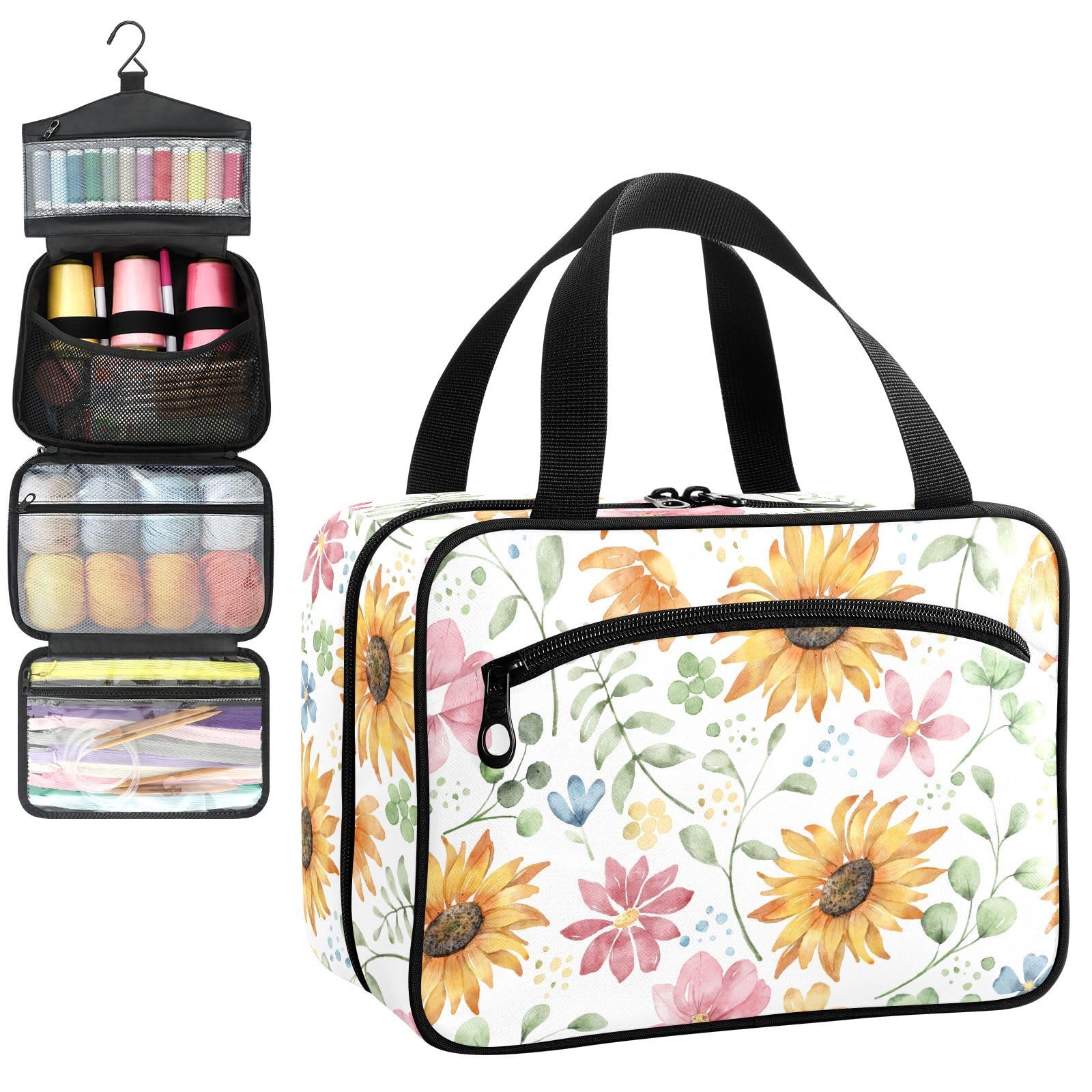 YNNALE Sewing Supply Organizer Bag, Watercolor Sunflower Pink Floral Modern Farmhouse Portable Sewing Bags with Pockets&Hanger, Sewing Storage Box Case for Sew Supplies/Kit/Tools/Accessories (BAG ONLY