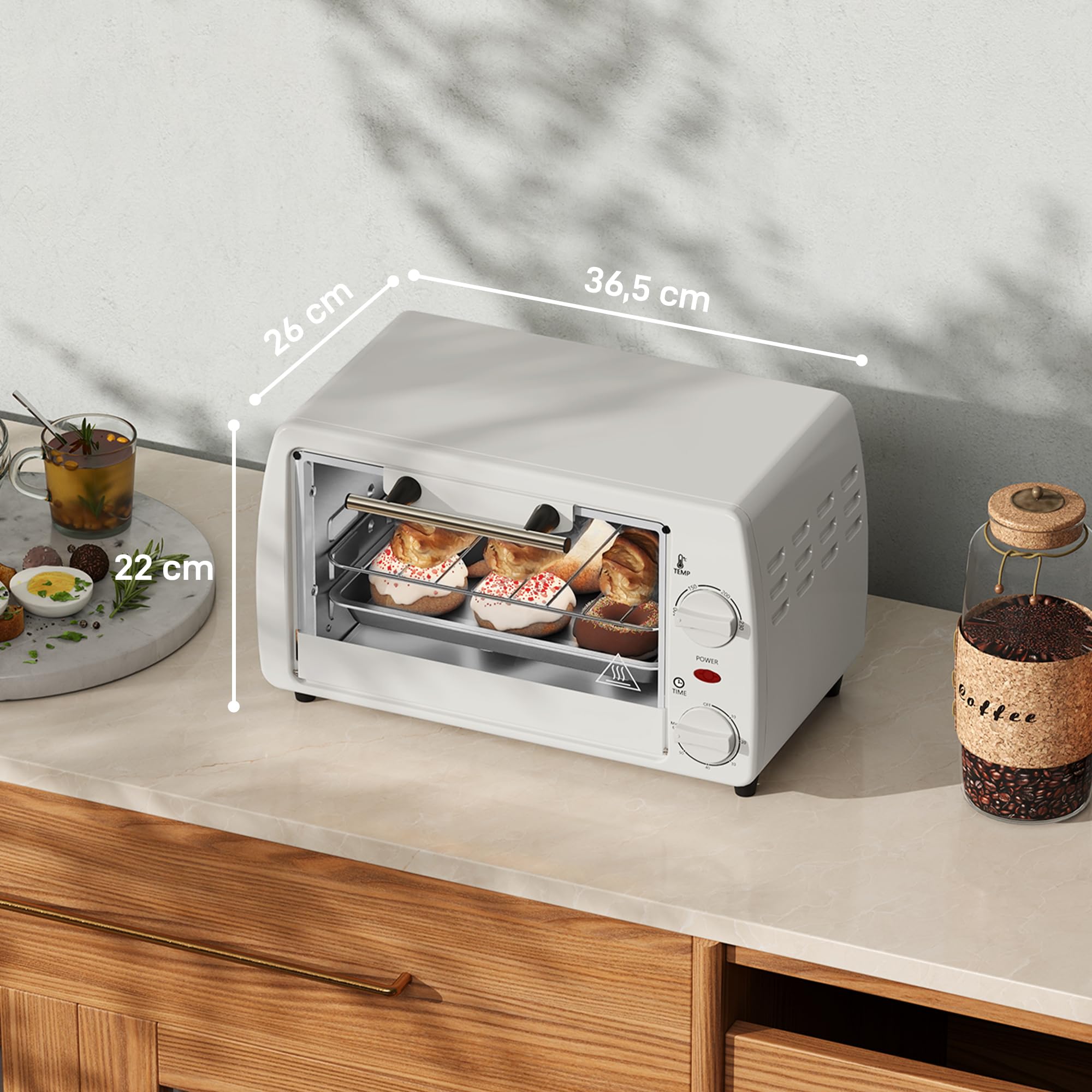 HOMCOM Horno eléctrico 10L 750W 230°C 60min 36,5x26x22cm Crema