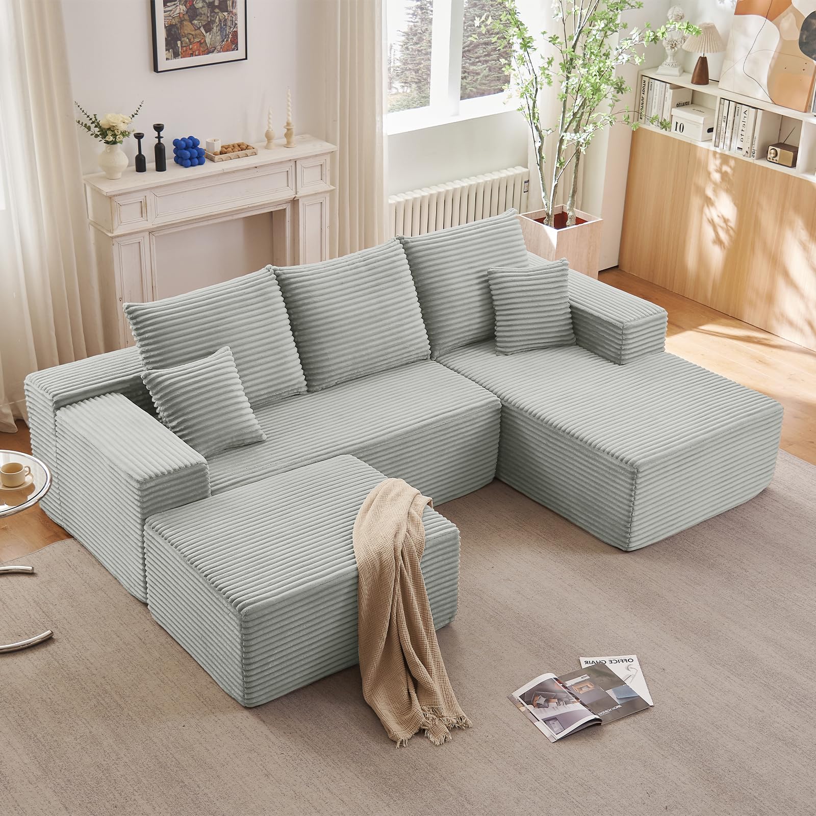 Lakifun 107" U-Shape Cloud Couch, Modern Modular Sectional Comfy L-Shape Sofa with Ottoman, Deep Seat, Upholstered Corduroy Sleeper Chaise Longue for