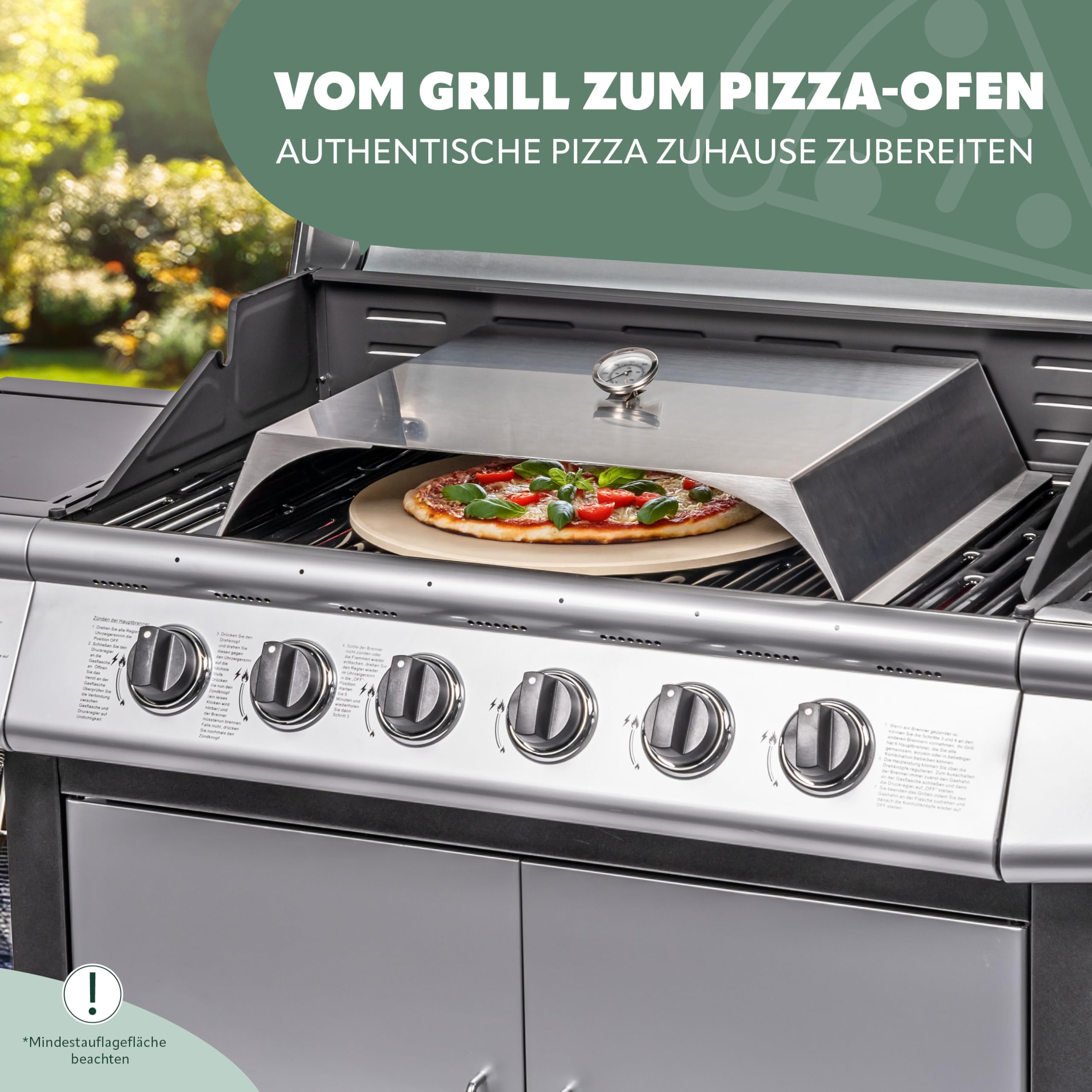 Bremermann Pizza-Aufsatz für Grills mit Thermometer, Schaufel und Pizzastein, 56 x 9 x 38 cm