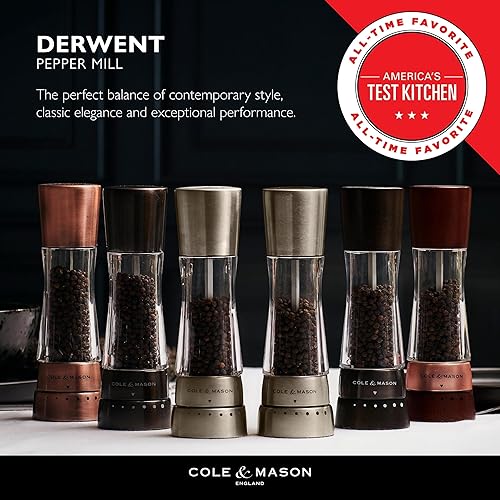 Miniatura 3 de Cole & Mason Derwent - Molinillo de pimienta de precisión gourmet, herramientas recargables para condimentos y especias, ajustes ajustables de Oro