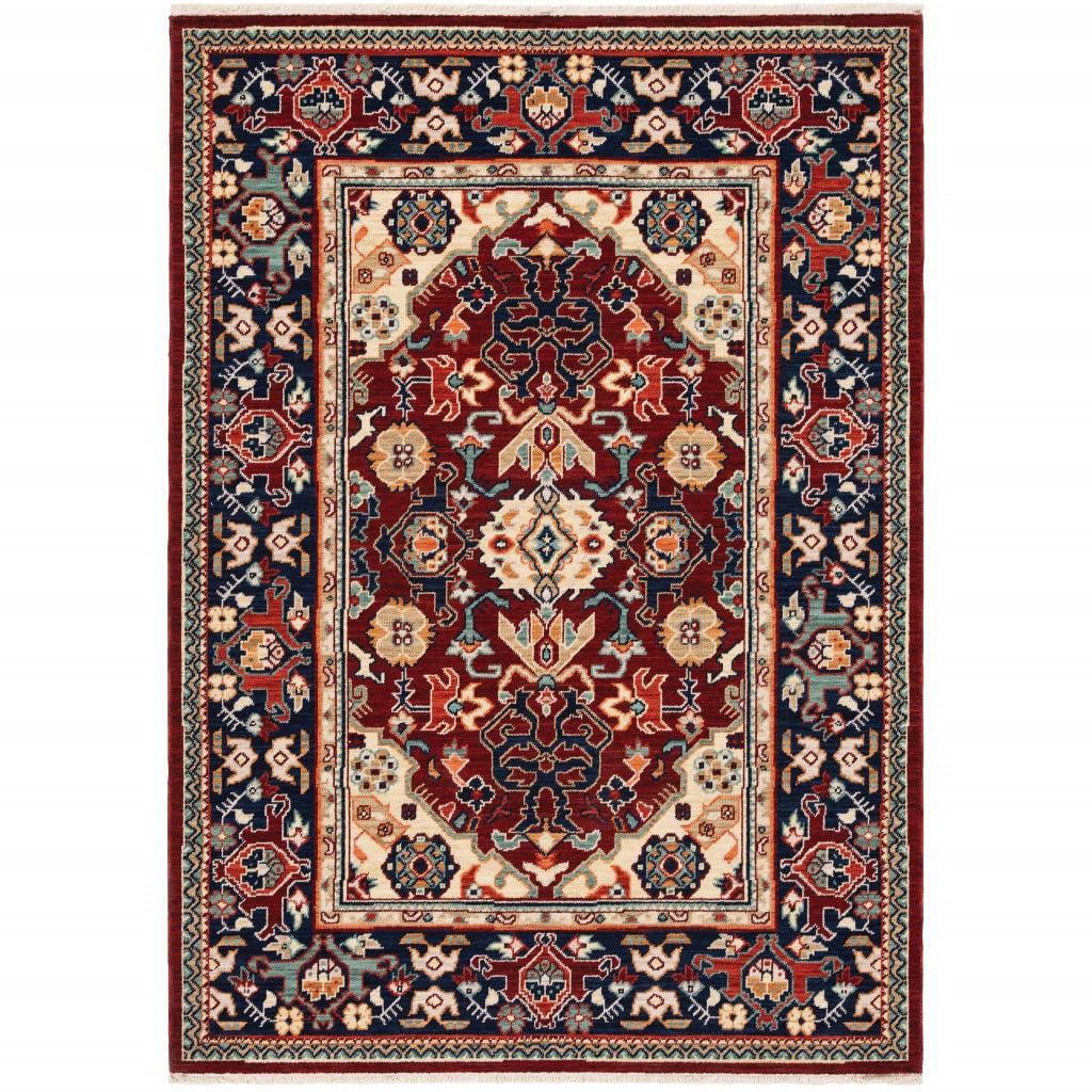 5 x 8 ft. Oriental Power Loomed Stain Resistant Rectangle Rug with Fringe - Red Blue Orange & Beige
