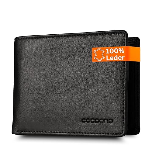 Cocoono Leder Geldbörse Herren mit RFID Schutz I Echtleder Geldbeutel für Männer I Münzbörse Portemonnaie Brieftasche Wallet Portmonee (Bull Breit, Schwarz)