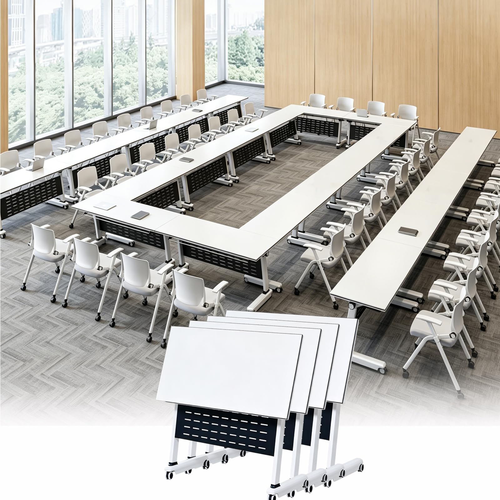 Modularer, klappbarer Konferenztisch mit Rollen, platzsparender Klapptisch für Büro, Seminar und Sitzungssaal (4, 140 x 59,9 x 75,2 cm)