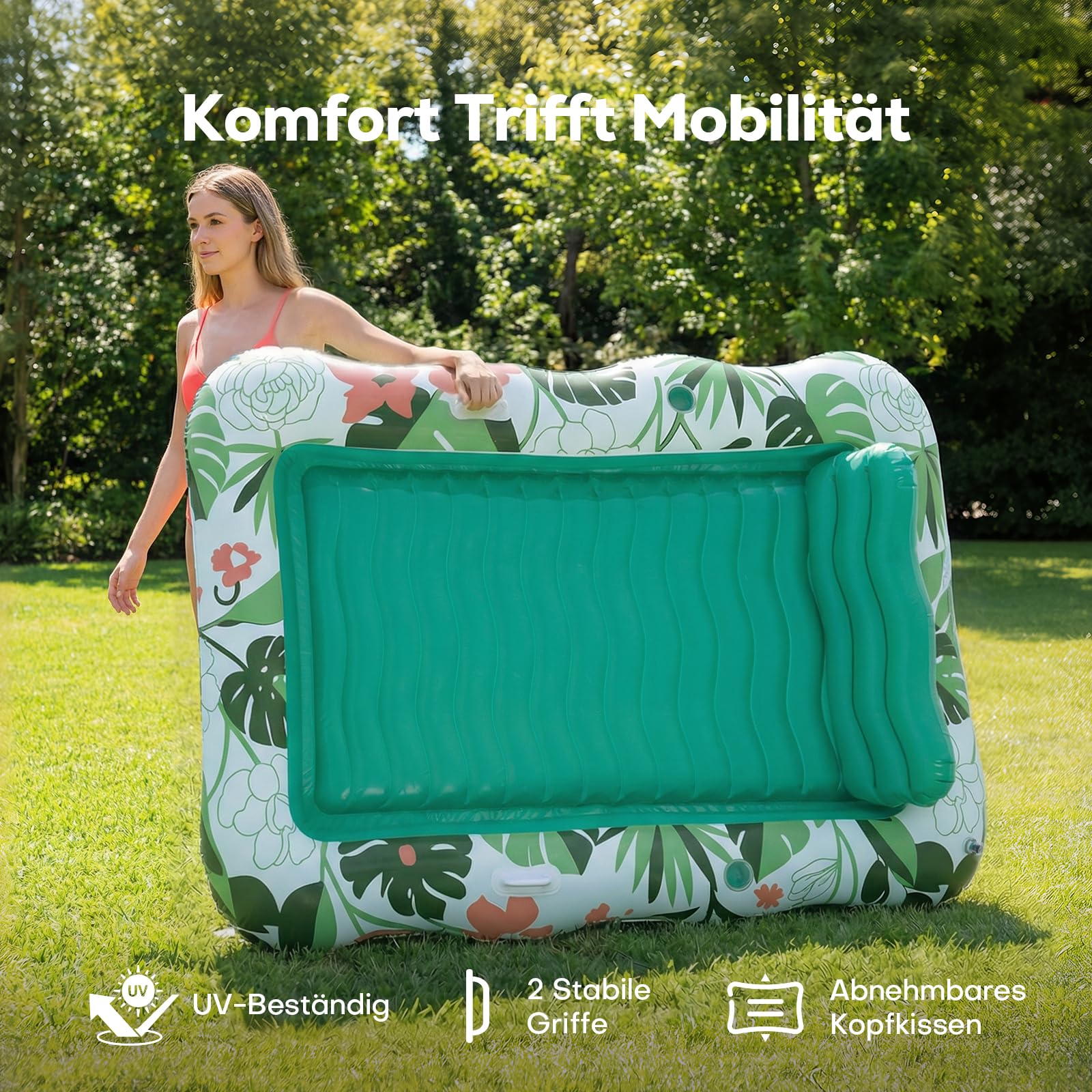 SOLAVERO Aufblasbare Tanning Pool 190x130 cm, Große Luftmatratze Pool für Erwachsene, Wassermatratze Sonnenpool mit Abnehmbarem Kopfkissen, Getränkehalter & Griff, Schwimmbett für Garten, Sommerspaß