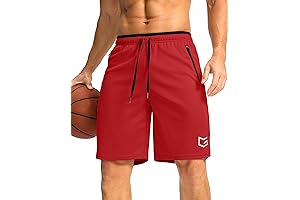 Men's Red Gym Shorts - Zipper Pockets and 9" Inseam