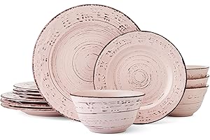 Pfaltzgraff Trellis Pink 12 Piece Dinnerware Plate Bowl Set, Service for 4
