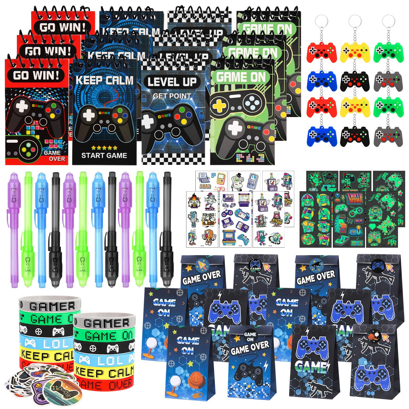 ARIEL-GXR 122 PCS Video Game Party Bag Fillers, Gaming Party Favours, Boys Party Bags with Gift Bags Silicone Bracelet Keychain Mini Notebook and Glow Temporary Tattoos, Goodie Bag Fillers for Kids