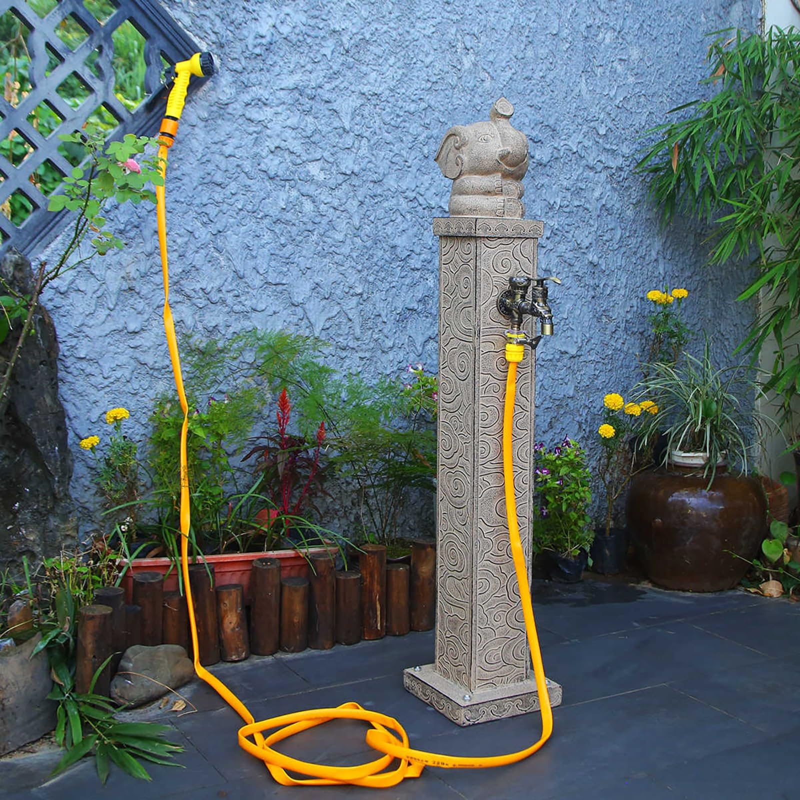 Generico Fontana a Colonna autoportante per Esterni con Doppio Rubinetto - Idrante Decorativo da Giardino per irrigazione e innaffiatura - Elegante Elemento Decorativo da Giardino Grigio da 60 cm