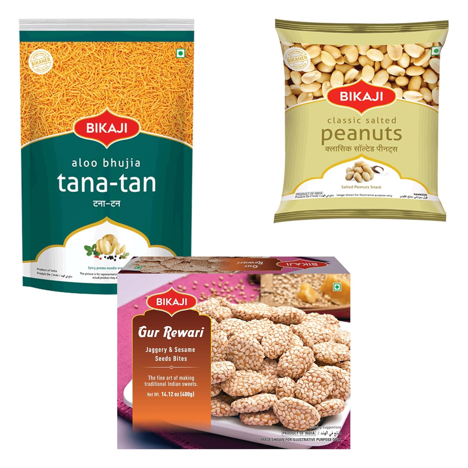 Bikaji Gur Rewari, Aloo Bhujia & Classic Salted Peanuts Combo | Ready to Eat Indian Namkeen | Crunchy Snack Pack| Authentic Indian Snack and Sweet