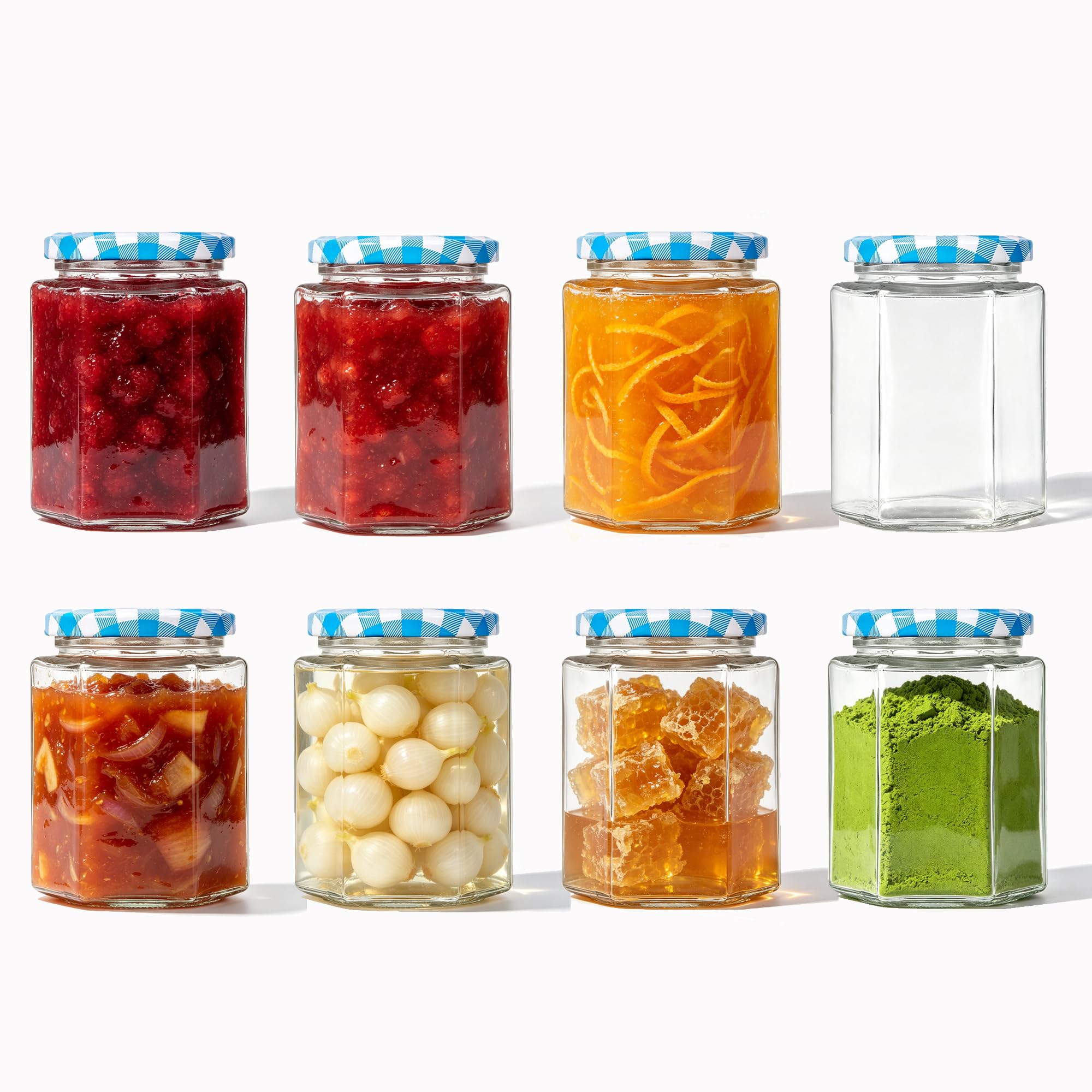 LIMILI Jam Jars with Lids, 280ml Hexagonal Wide Mouth Glass Jars with lid, for Pickling, Preserving, Chutney, Meal Prep, Sauce, Salad (8pcs - Blue Lids)