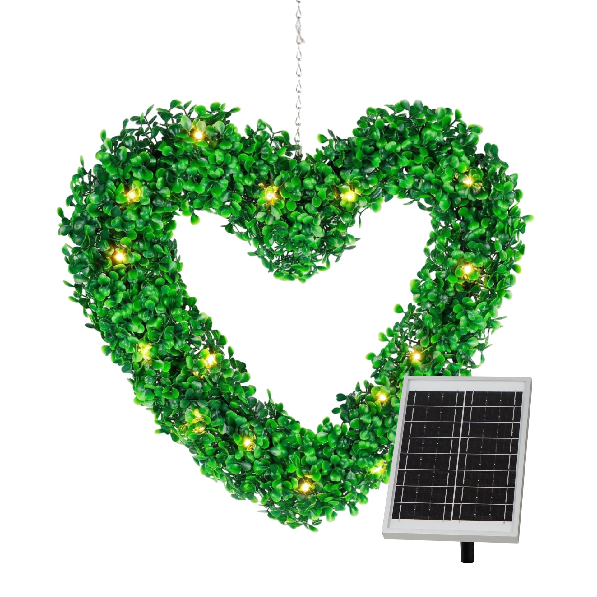 Gardenwize - Solar Powered Hanging LED Artifical Topiary Heart Light, Outdoor Decorative Door Light Wreath Ornamental Heart Fence Wall Lighting