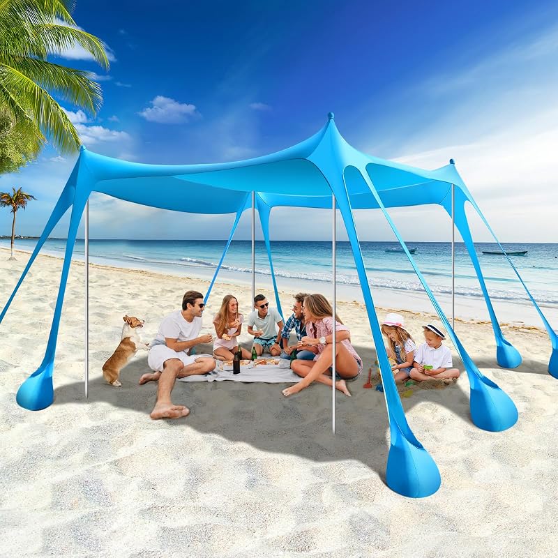Rhino Valley Tienda de campaña para playa UPF50+ de 10 x 10 pies con 8 sacos de arena y 4 postes, azul cielo | Toldo de playa con protección UPF50+, tienda de campaña para playa al aire libre, refugio solar, sombrilla para arena, Camping, elementos esenciales de pesca