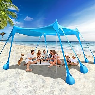 Rhino Valley Tienda de Playa Plegable, Toldo de Playa Portátil Protección UV UPF50+ Resistente Viento con Sacos de Arena Clavijas Tierra Carpa Aire Libre Acampada