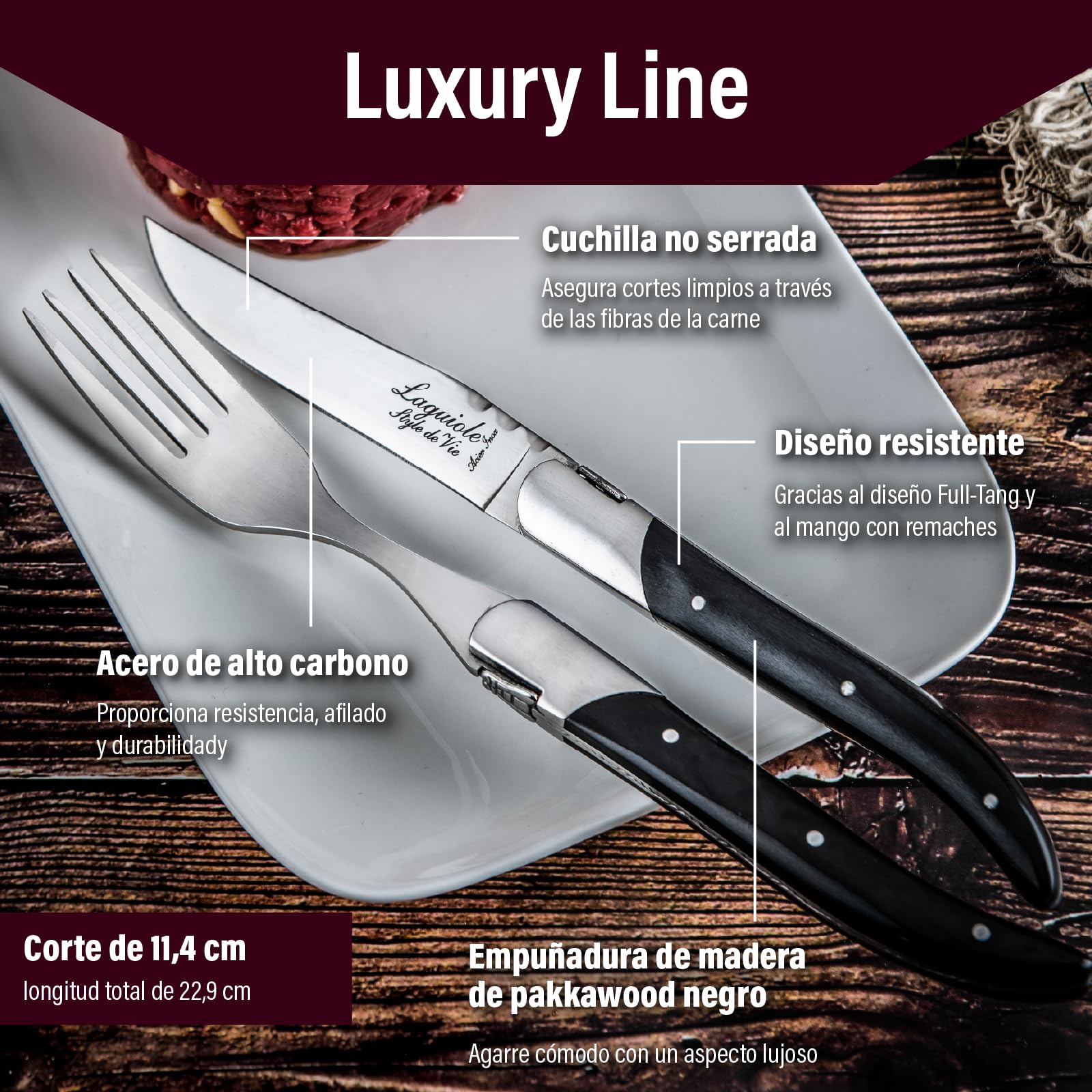 Laguiole Style de Vie Luxury Line - Cuchillos para carne (6 piezas, madera de paka)
