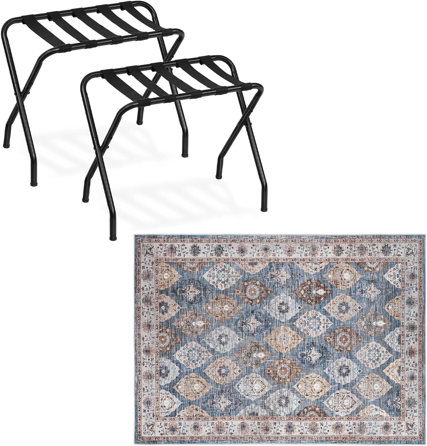 HOOBRO Luggage Rack and Area Rugs Bundle, Metal Foldable Suitcase Stand for Guest Room, 6 x 9 ft Area Rugs Washable Non-Slip, BK02XLP201-BU04AR01