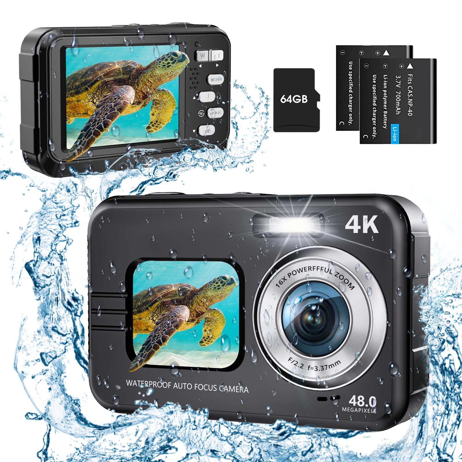 Appareil Photo Numérique HICSHON 4K étanche 48 MP Autofocus Caméra sous-Marine avec Carte mémoire 64 G Selfie Dual écrans avec Zoom 16X, Compact pour Enfants/débutants (Noir)