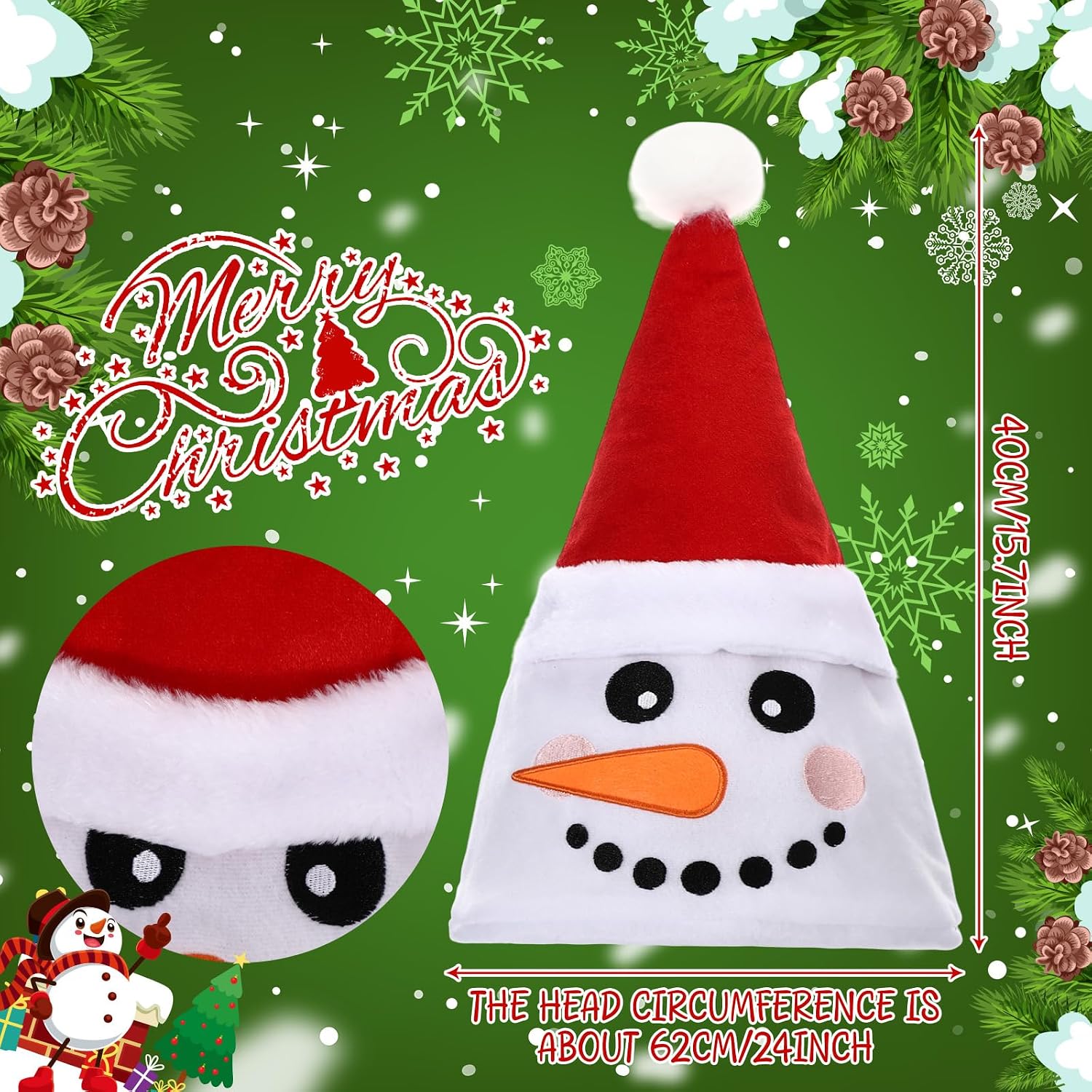Chicingyou Snowman Christmas Hat for Adults Novelty Velvet Santa Hat Unisex for Holiday Christmas Party