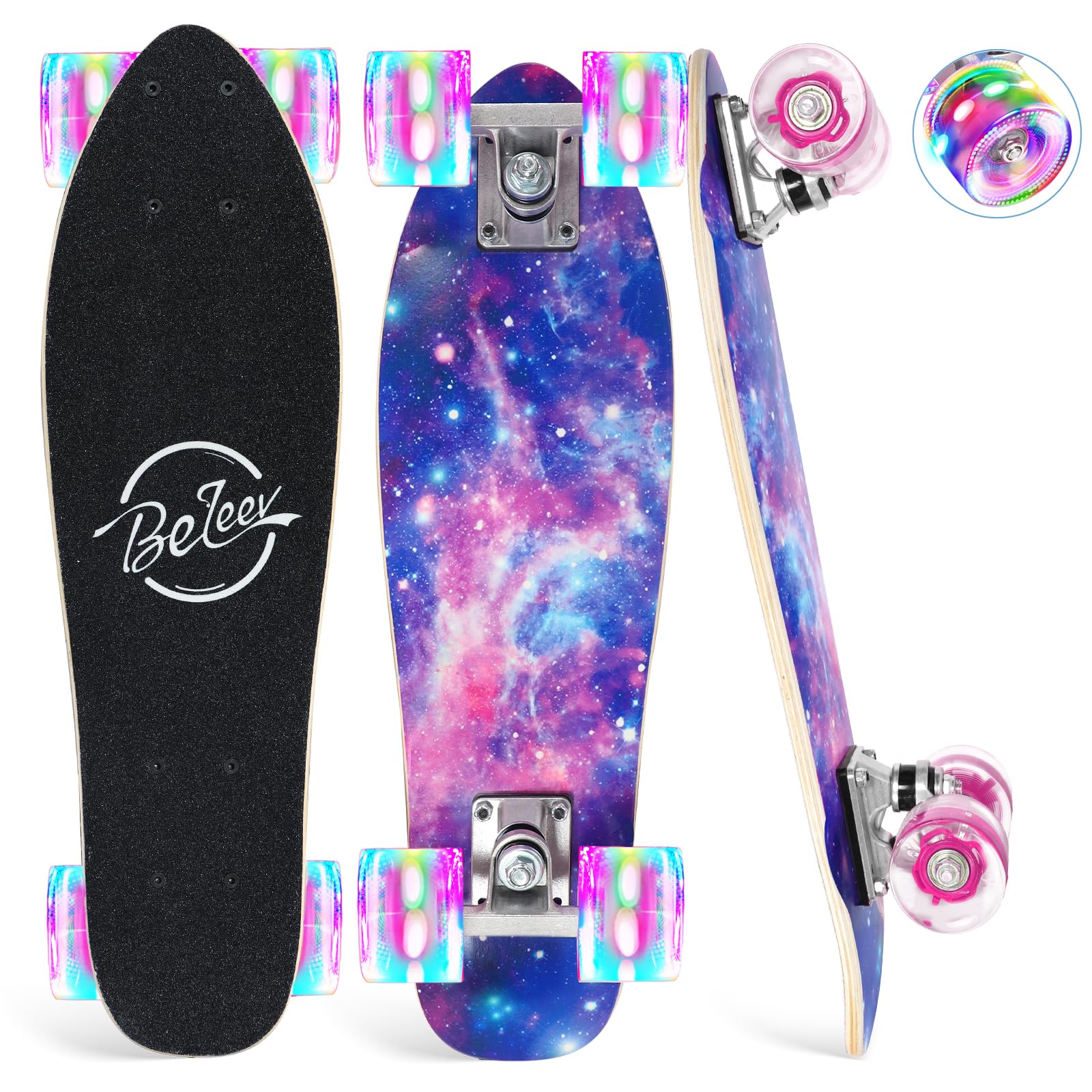 BELEEV 22 inch Skateboards for Kids, Cruiser Skateboard for Girls Boys Teens Adults Beginners, LED Light up Wheels, Mini Skateboards Classic Complete Skate Board with Skate T-Tool, Max Load 220 LBS
