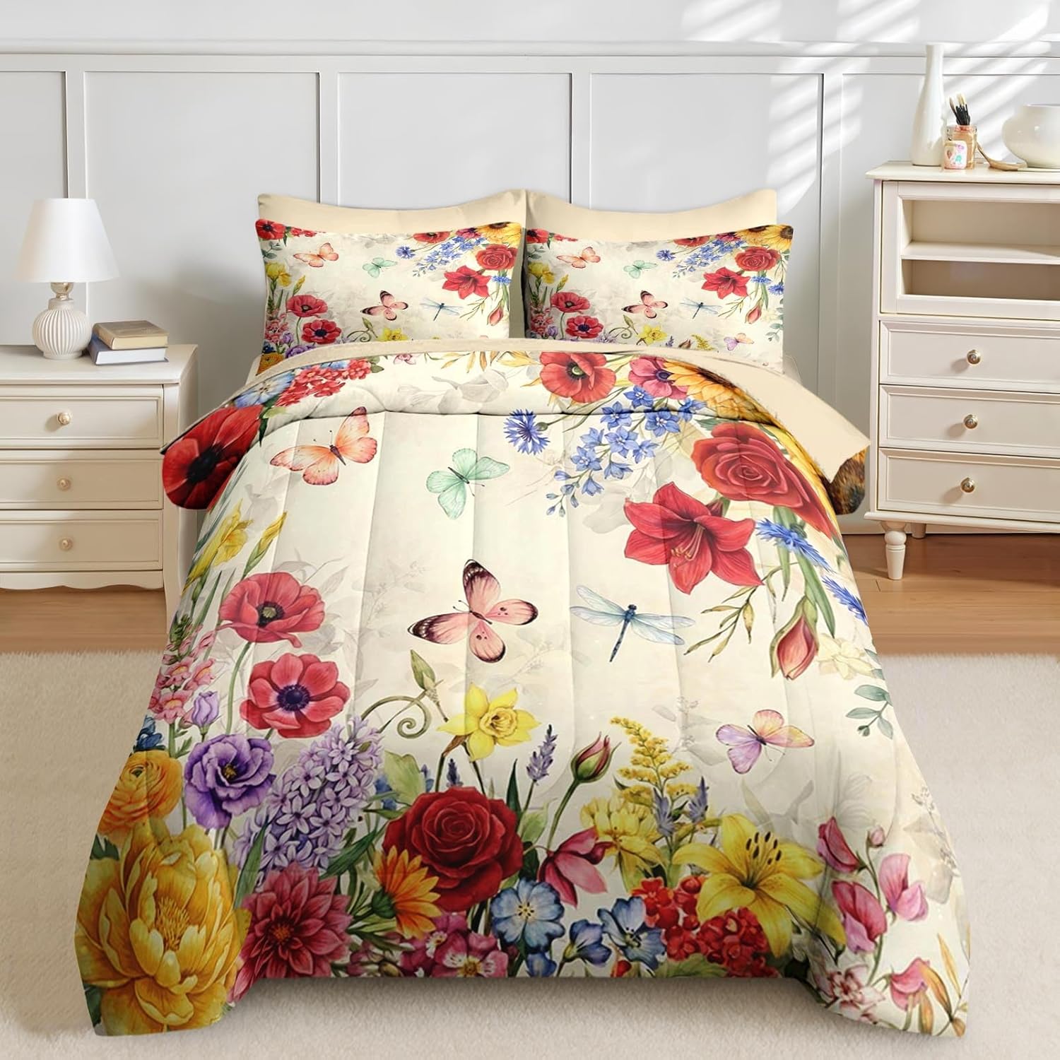 Nesker 7 Pcs Spring Comforter Set Queen Size, Floral Butterfly Bedding Set for Kids and Adults, Poppy Rose Bed Sheet Sets with Fitted Sheet 2 Pillowcases & 2 Shams