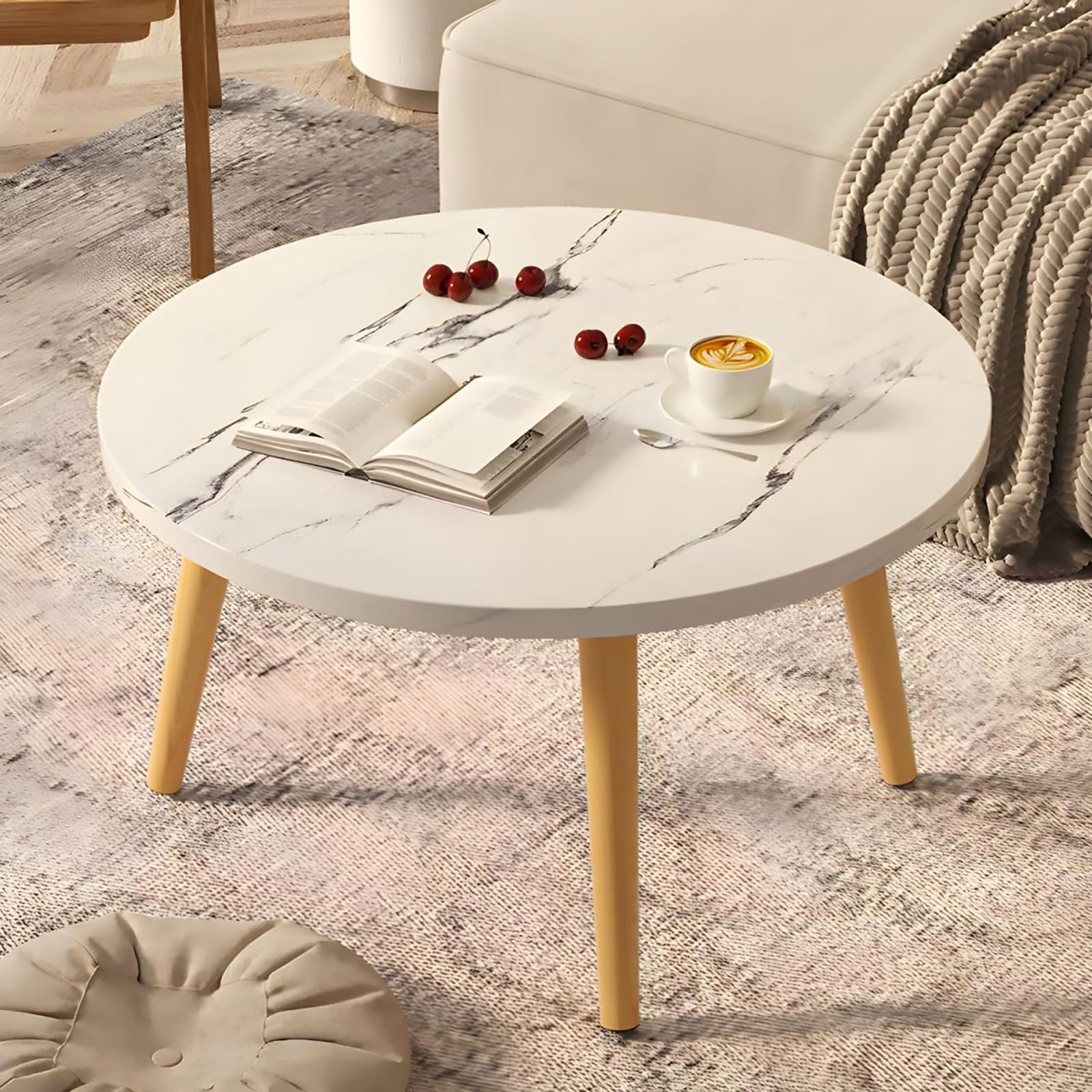 SXZenSpace Modern Round Coffee Table, Wooden Center Table for Living Room, Small Low Study, Desk, Bedroom, Bay Window, Tea Room (40.6 cm)