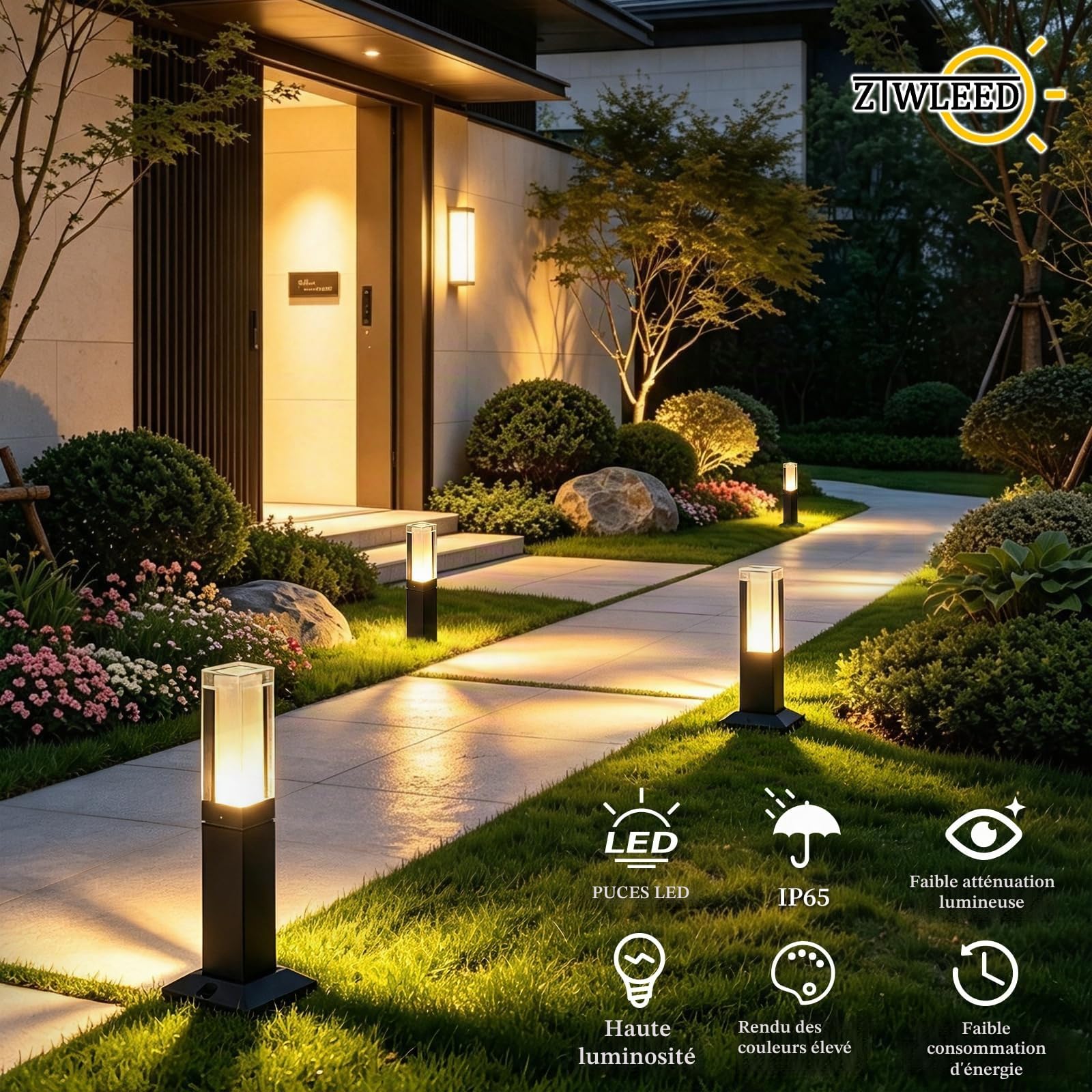 2 Pcs Potelet Eclairage Exterieur Jardin LED,6W/60cm Borne Chemins