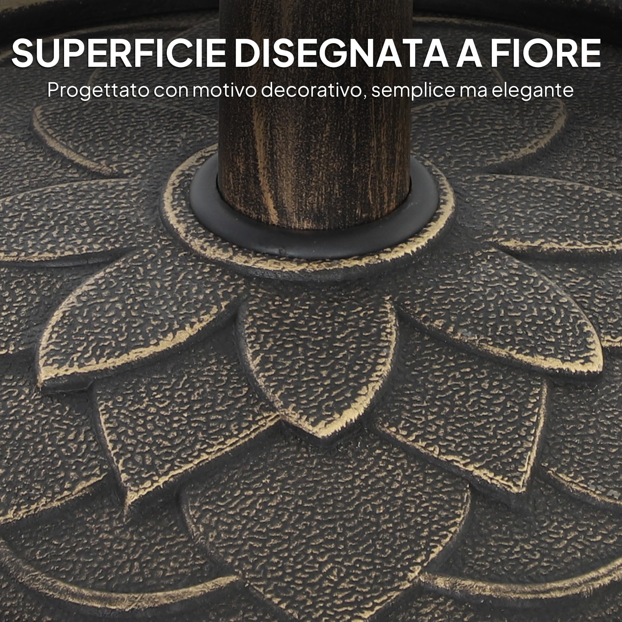 Outsunny Base per Ombrellone da 12 kg con Motivo di Fiore di Loto e Manovella Integrata, Basamento per Ombrellone in Resina, Metallo e Cemento, per Pali di Ombrelloni da Ø32/38/48 mm, Bronzo