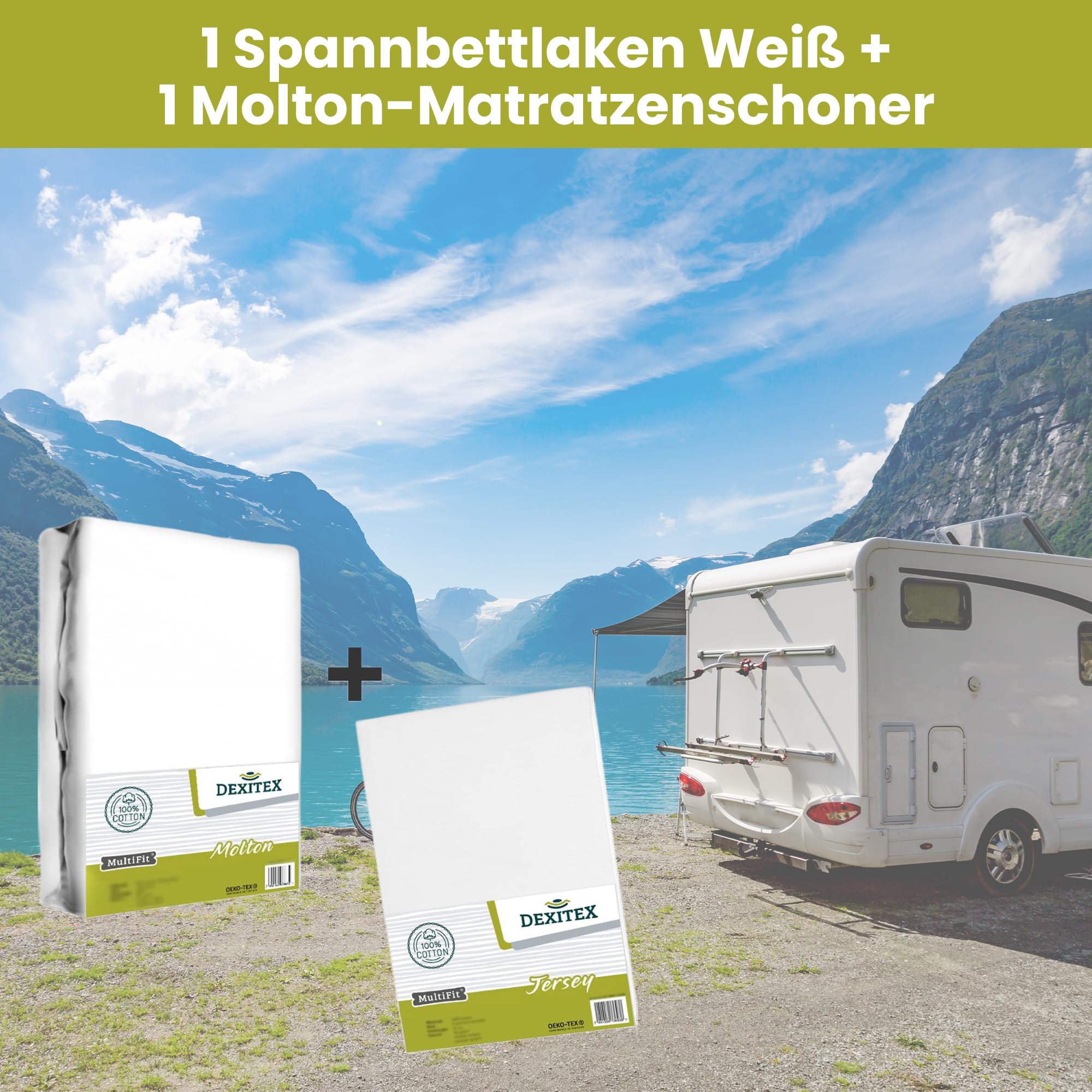 Spannbettlaken Wohnmobil 2er Set - 1 Spannbettlaken Weiß + 1 Molton matratzenschoner mit Ecke rechts(125-155cm x 200cm)- Französische Betten - für Wohnwagen Matratze - Oeko-TEX
