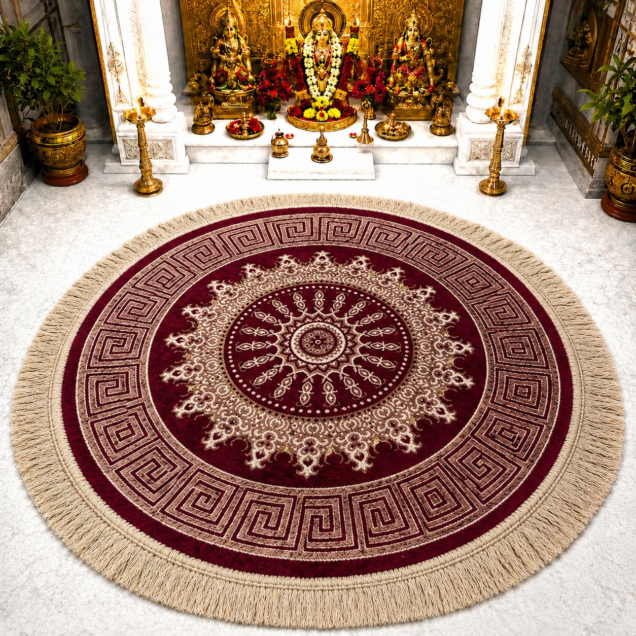 Premium Prayer Mat/Aasan for Puja & Meditation | Soft Velvet Touch Cushioned Pooja Mat with Tassels | Washable Floor Rug for Mandir, Yoga, Sitting Mat | 24 x 24 inches (Maroon_Round)-image-20