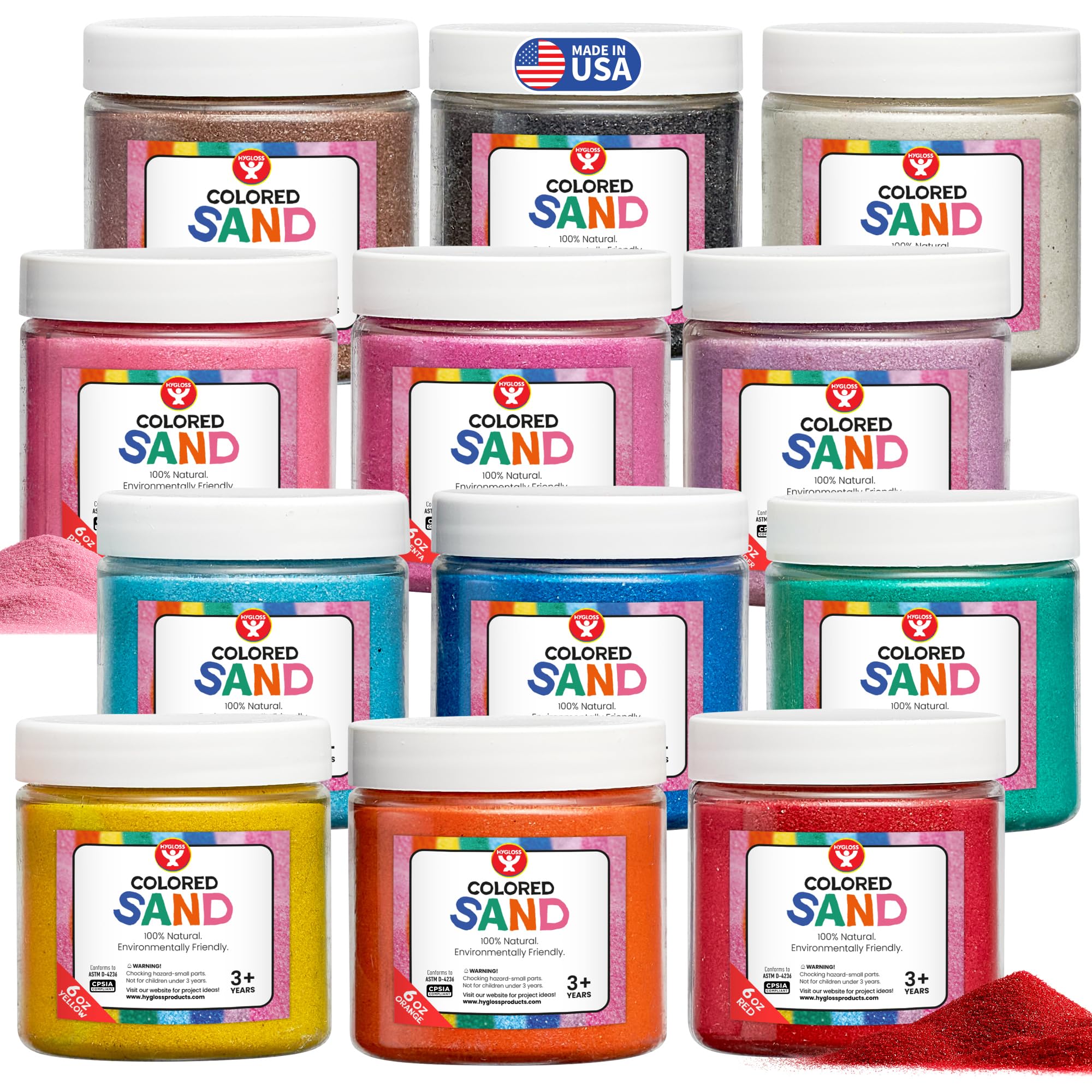 Hygloss Colored Sand for Crafts - 12 Assorted Colors 6-Ounce Vibrant Colorful Fine Sensory Play Sand Art Kits for Kids - Classroom Activities for Children 3 4 5 6 7 8 9 10 11 12 - Safe for Ages 3+