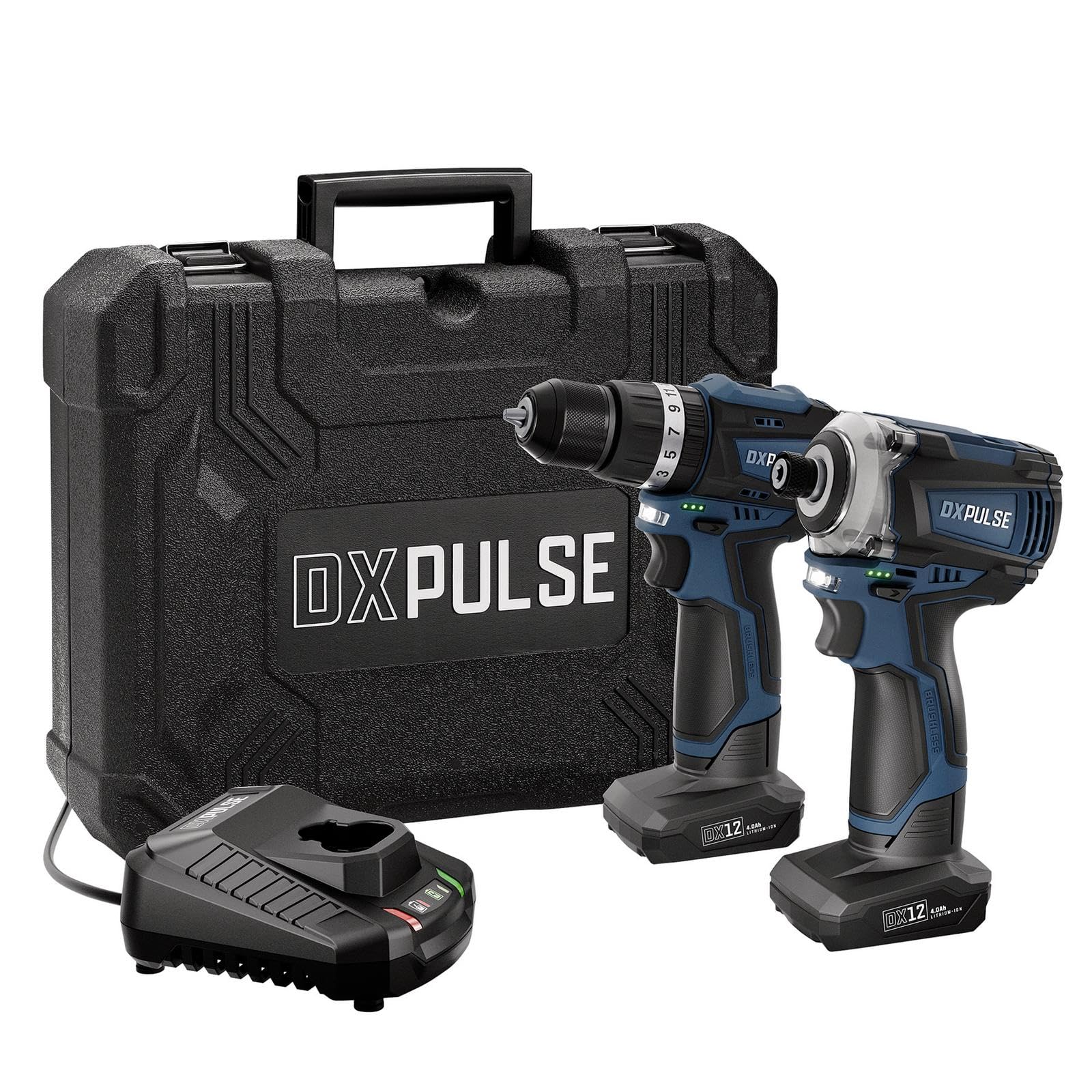 DXPULSE 12V Brushless Combi Drill & Impact Driver Kit, 1/4" Hex Drive, 2 x 4.0Ah Batteries, Fast Charger, LED Light, Screwdriver & Drill Bits, Compact Cordless Kit