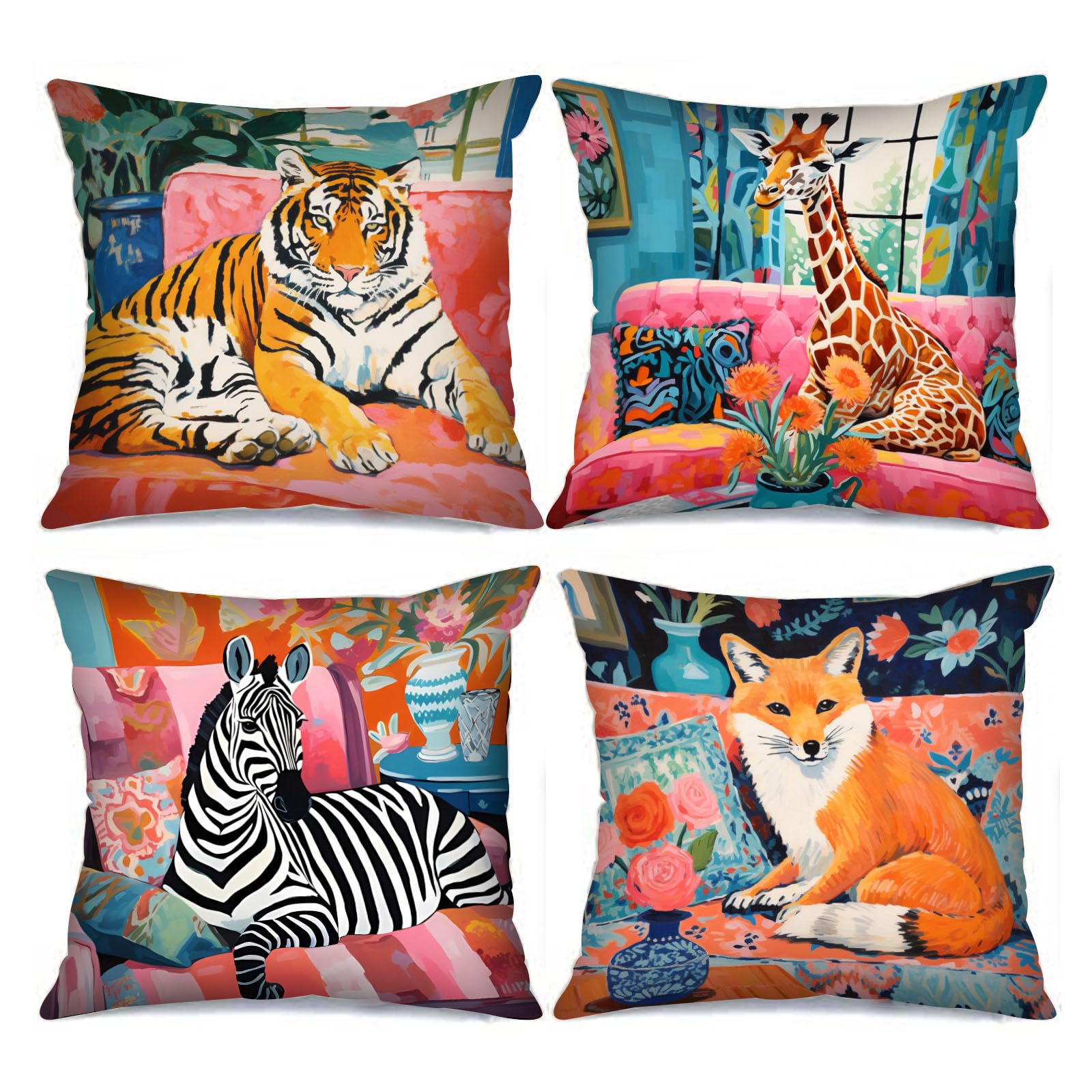Housses de coussin renard et tigre pour un salon bohème et chaleureux