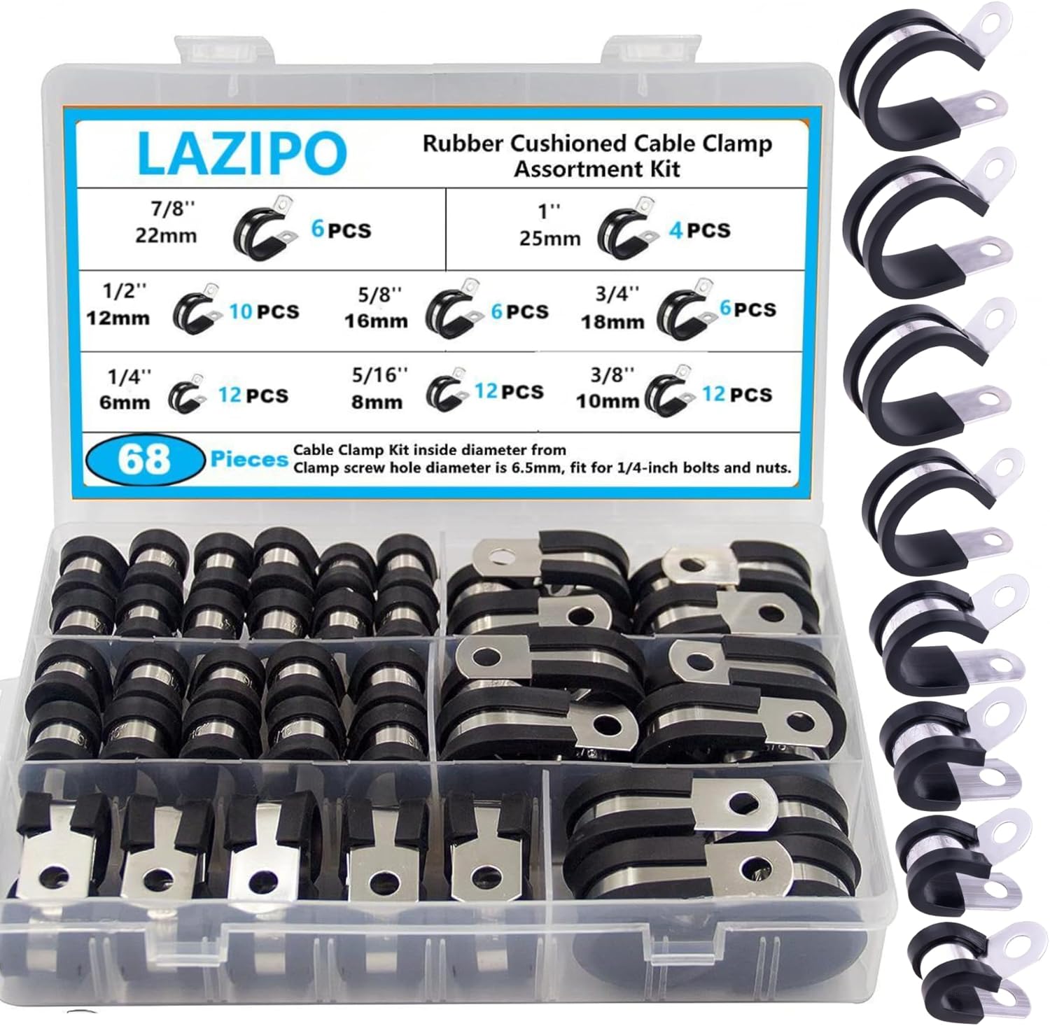 Cable Clamp Assortment Kit, 68 Pieces 304 Stainless Steel Cushion Pipe Clamps Line Clamps Assorted in 8 Size 1/4'' 5/16'' 3/8'' 1/2'' 5/8'' 3/4'' 7/8'' 1'' Come With Durable PP Storage Case with