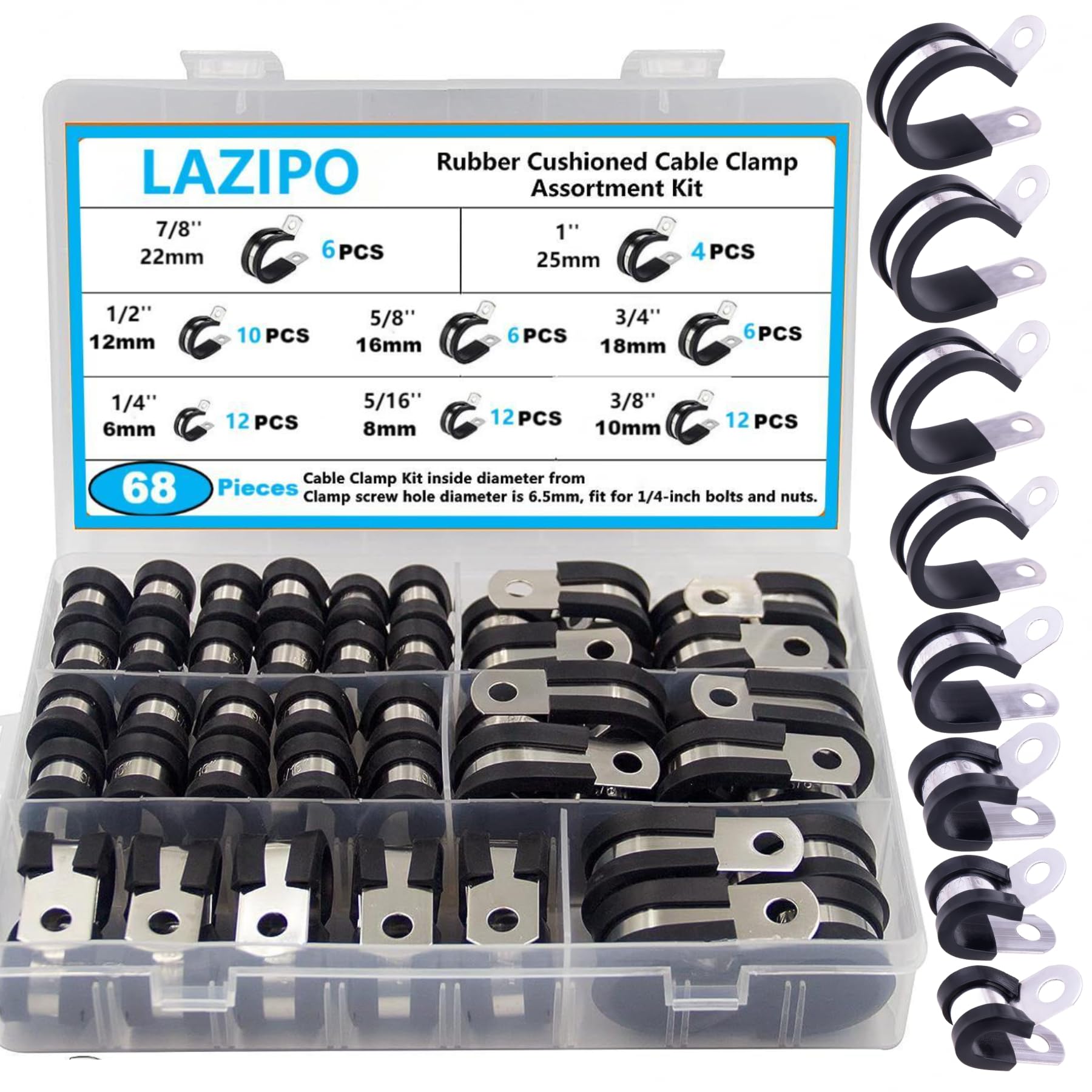 Juego surtido de 68 abrazaderas de cable, abrazaderas de alambre de goma de acero inoxidable 304 en 9 tamaños 1/10.2 cm 5/40.6 cm 3/20.3 cm 1/5.1 cm 5/20.3 cm 3/4 "1''7/8"1-1/10.2 cm
