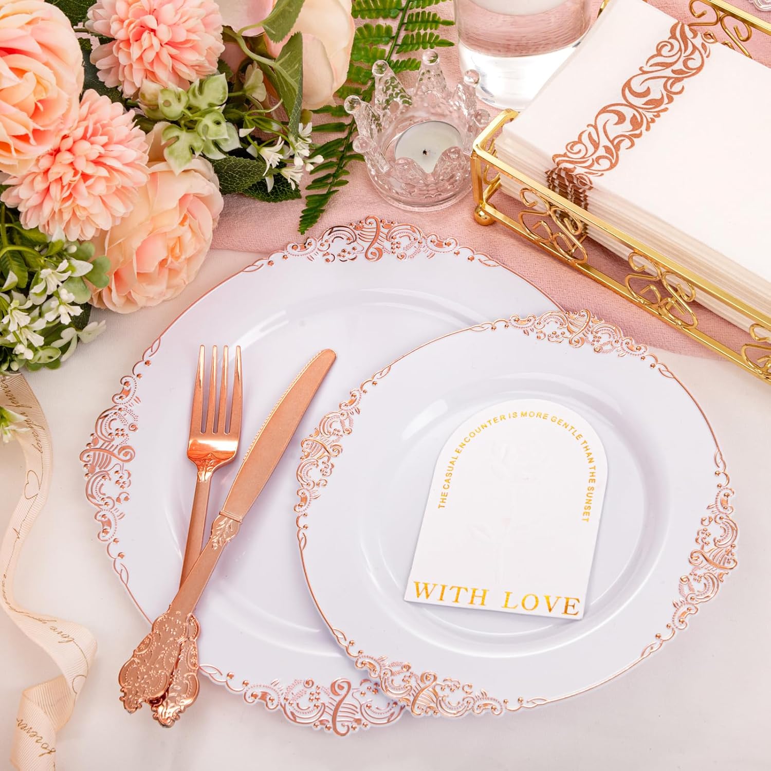 Morejoy 175PCS Rose Gold & Silver Plastic Dinnerware Set: 25 Plates, 25 Forks, 25 Knives, 25 Spoons, 25 Cups, 25 Napkins - Perfect for Wedding & Party - Image 6