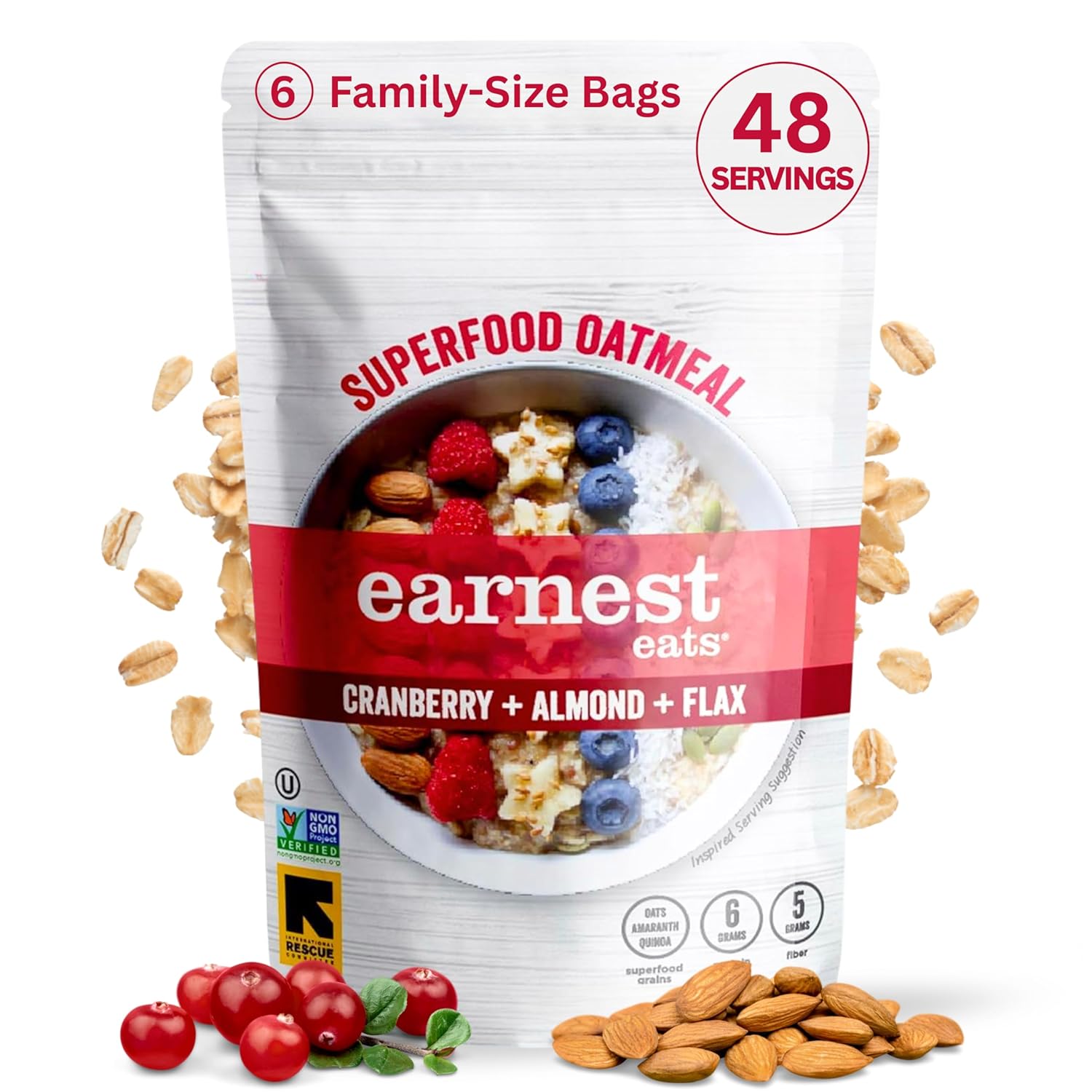 Earnest Eats Superfood Oatmeal Bags  Cranberry Almond Flax, 6g Plant Protein, 5g Fiber, Vegan, Gluten Free, 48 Servings Total (6 Pack)