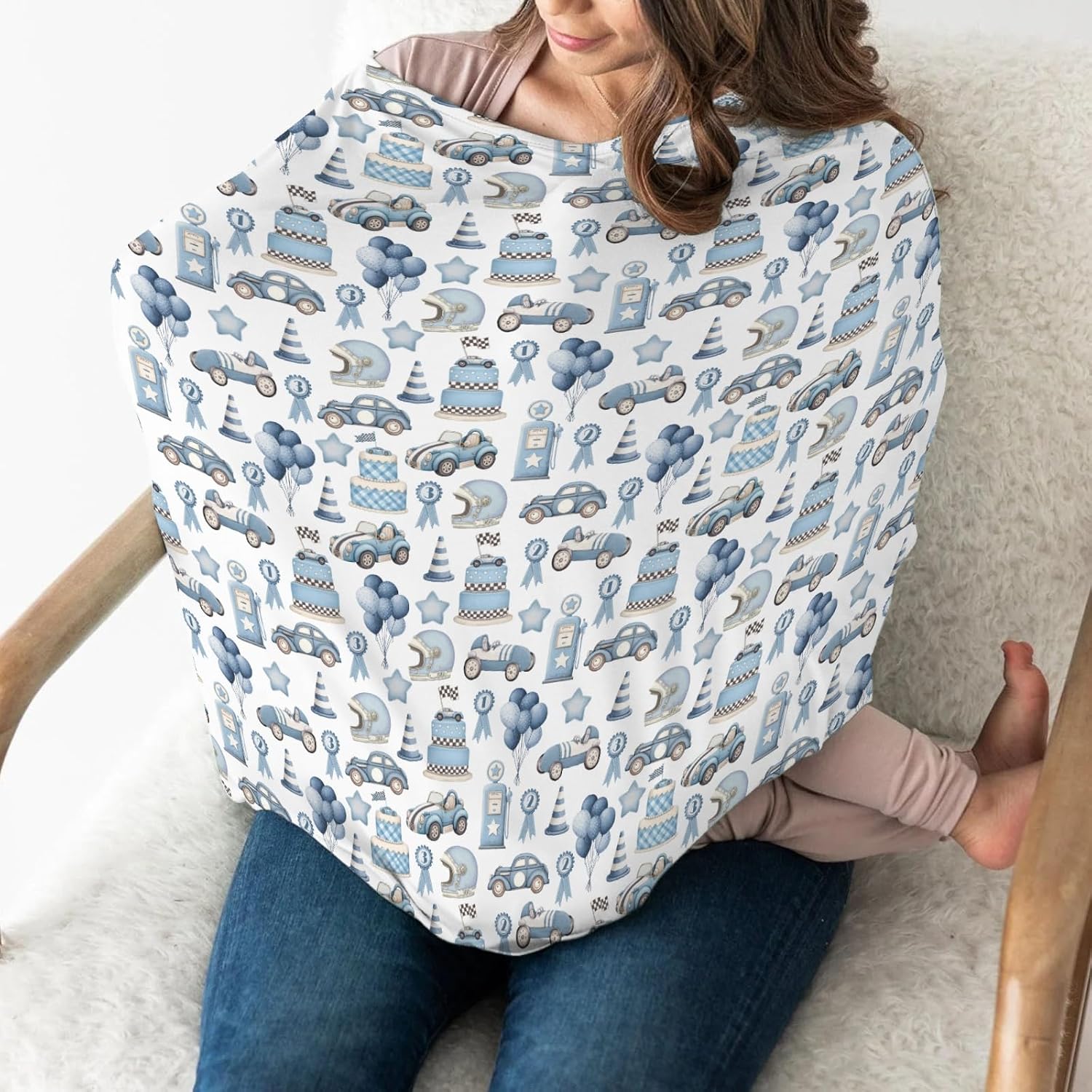 Watercolor Blue Racing Baby Car Seat Covers Blue Racecar Balloon Stars Cake Stretchy 5-in-1 Cover Adjustable Infant Carseat Cover Canopy Vintage Racing Car Breathable Nursing Cover-Up