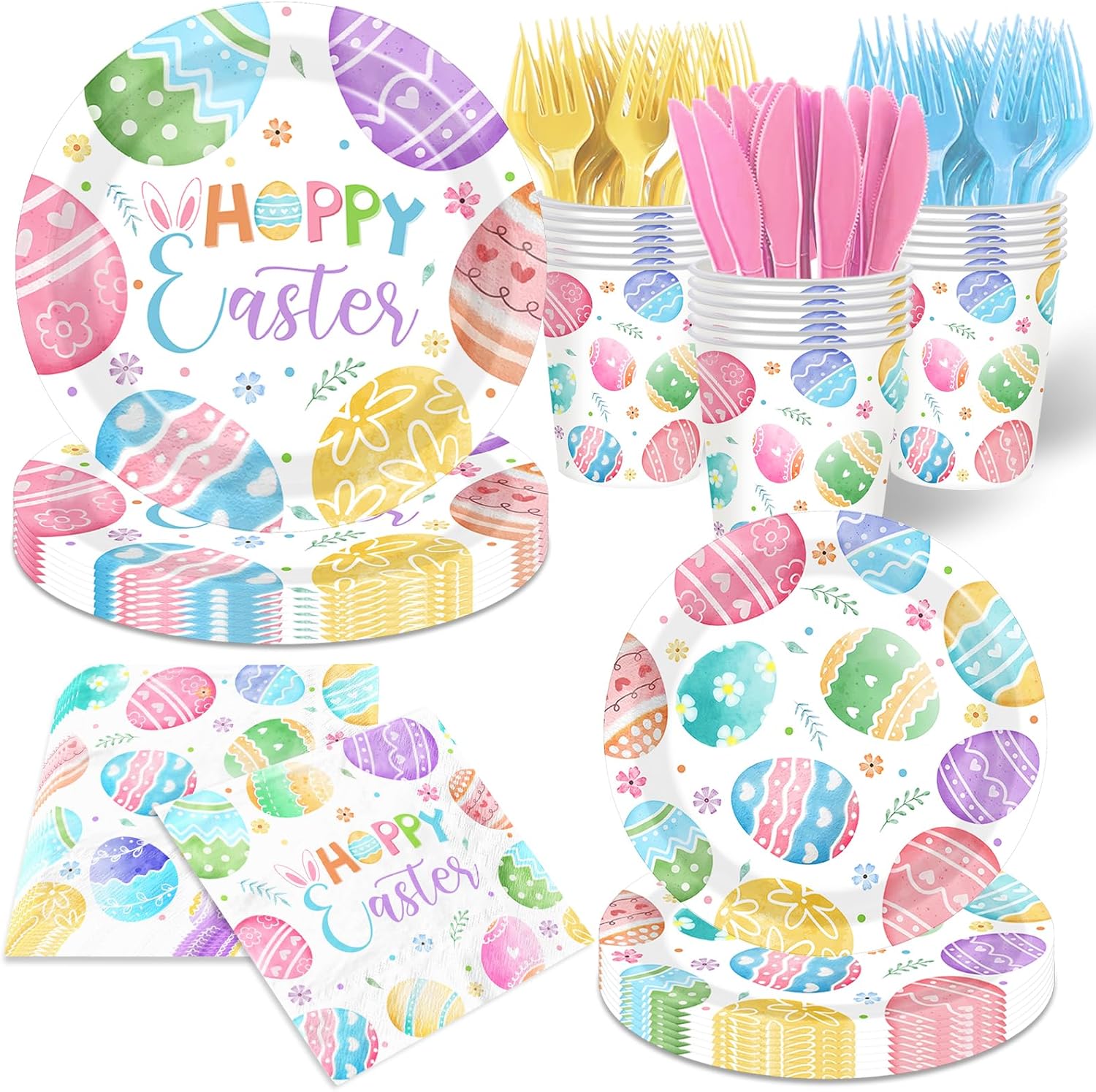 Easter Paper Plates and Napkins Sets, Easter Eggs Party Tableware include Watercolor Easter Egg Paper Plates and Napkins Disposable for Easer,Spring Themed Birthday Party Supplies,Serve 24