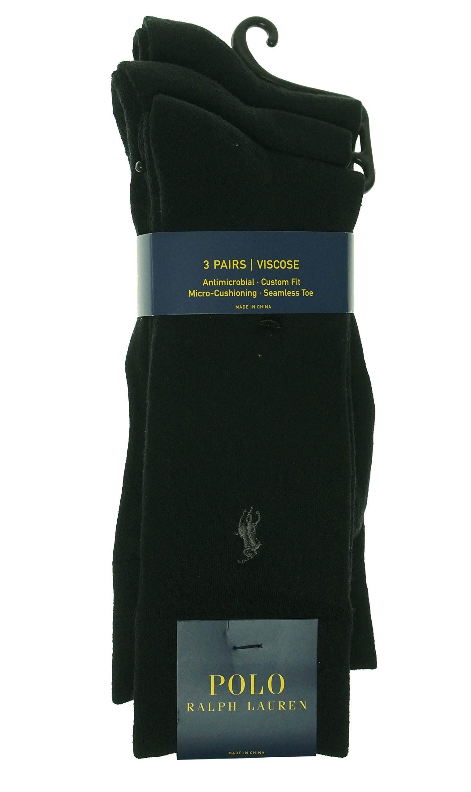 POLO RALPH LAUREN Men's Flat Knit Viscose Cushioned Crew Socks - 3 Pack, 8083PK, Black, O/S