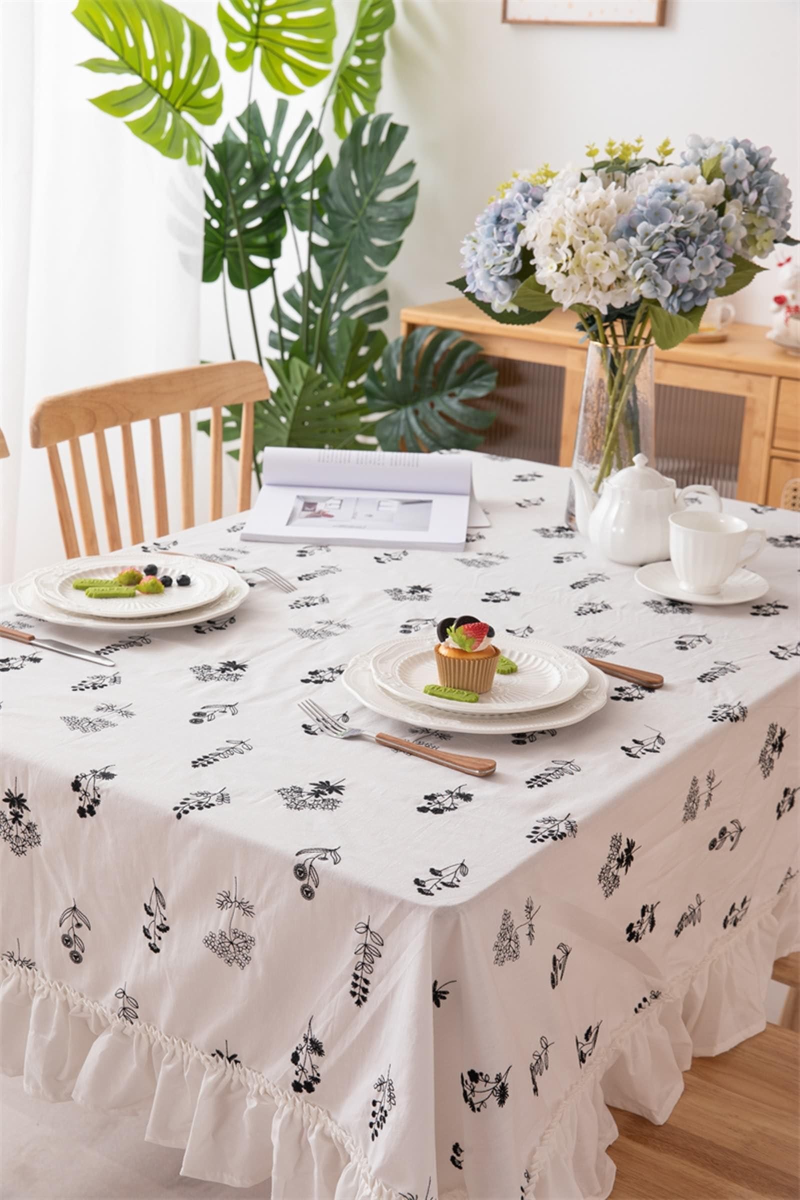 Mantel de Mesa Cuadrada, 150 x 150 cm, Negro Blanco, Mantel Algodón Flor, Lavable