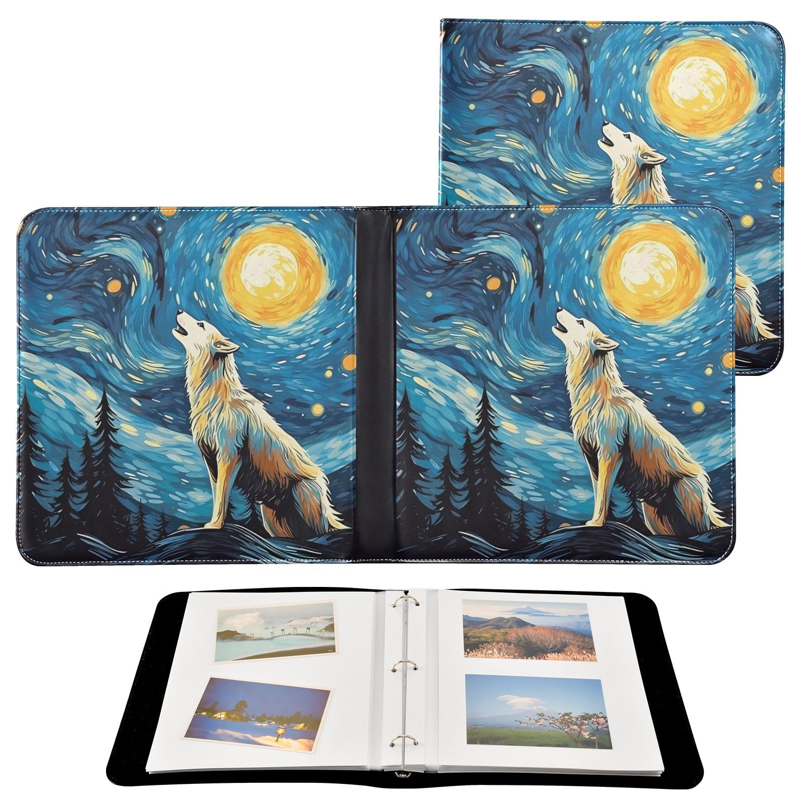 JIPONI Van Gogh Wolf Howling Large Photo Album, DIY Leather Cover Scrapbook Albums for 4x6 5x7 6x8 Pictures, Self Adhesive Memory Book for Wedding, Baby, Family