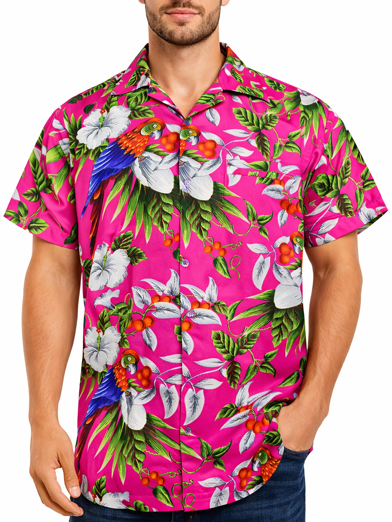 King Kameha Men's Pink - Cherryparrot Hawaiian Shirt For – Tropical ’S Hawaiian Shirt Short Sleeve, Cherryparrot, Pink, Xxl