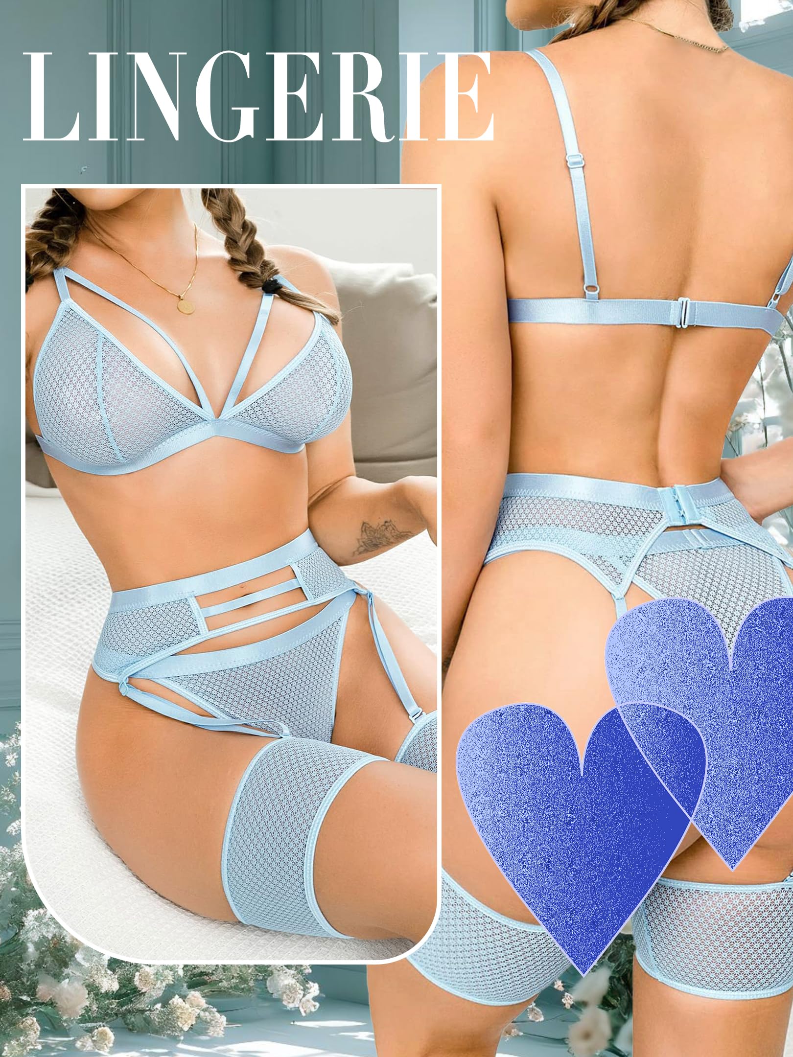 popiv Women's Sexy Lingerie Set with Garter Belt Matching Bra and Panty Lingeries Sets 4 Piece
